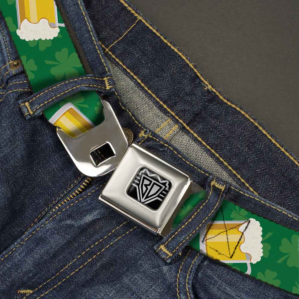 BD Wings Logo CLOSE-UP Full Color Black Silver Seatbelt Belt - St. Pat's Clovers/Beer Mugs Greens Webbing Seatbelt Belts Buckle-Down