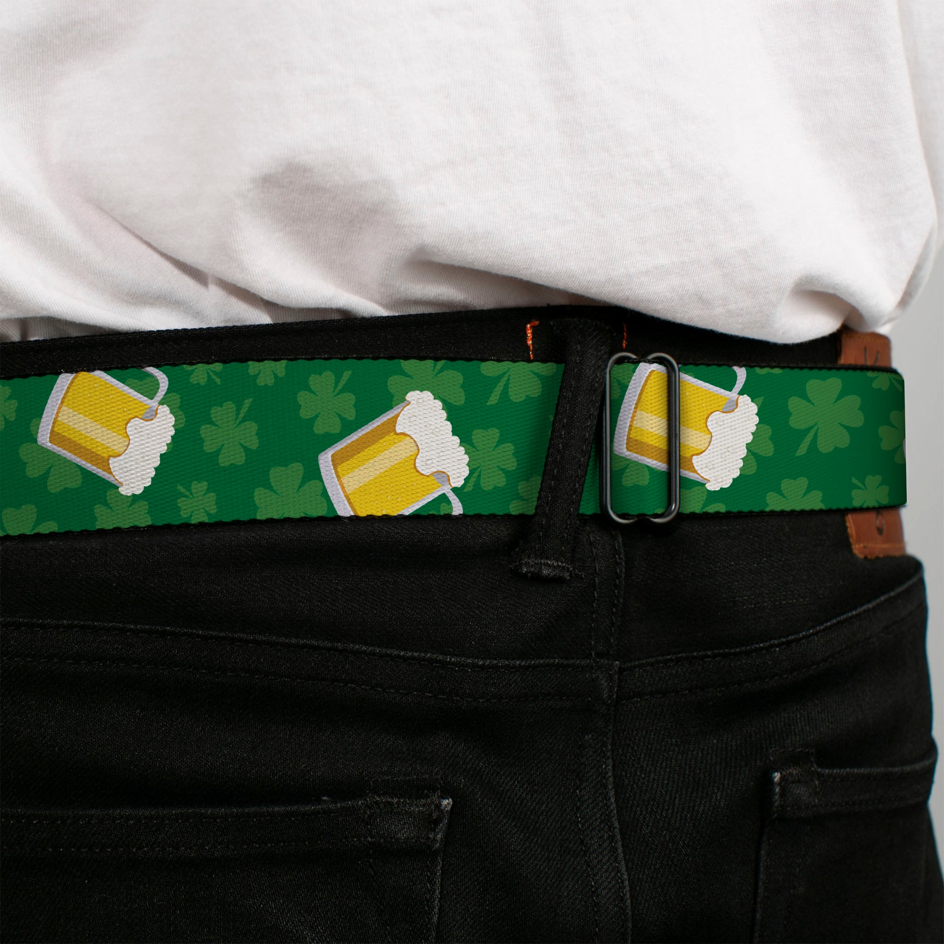 BD Wings Logo CLOSE-UP Full Color Black Silver Seatbelt Belt - St. Pat's Clovers/Beer Mugs Greens Webbing Seatbelt Belts Buckle-Down