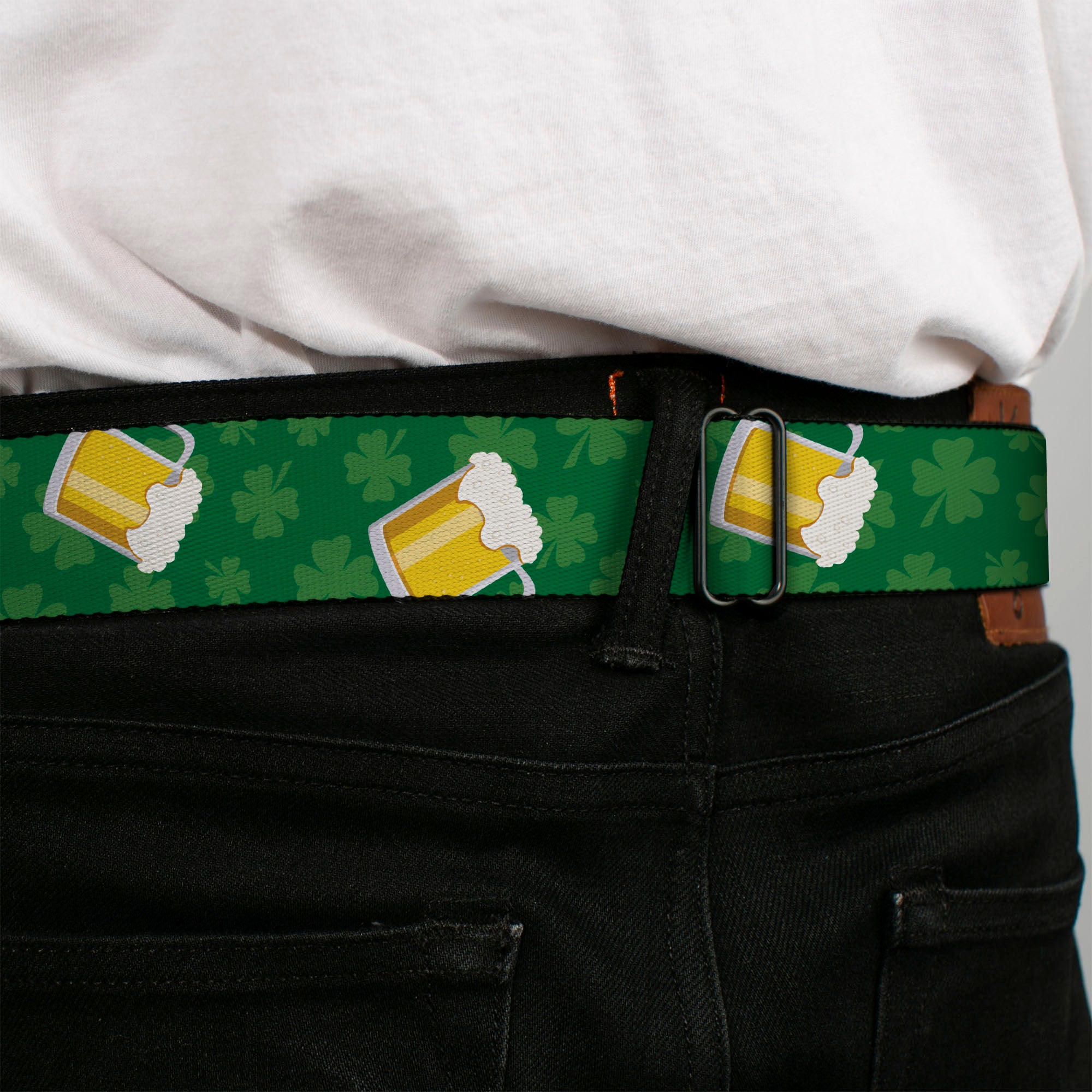 BD Wings Logo CLOSE-UP Full Color Black Silver Seatbelt Belt - St. Pat's Clovers/Beer Mugs Greens Webbing Seatbelt Belts Buckle-Down