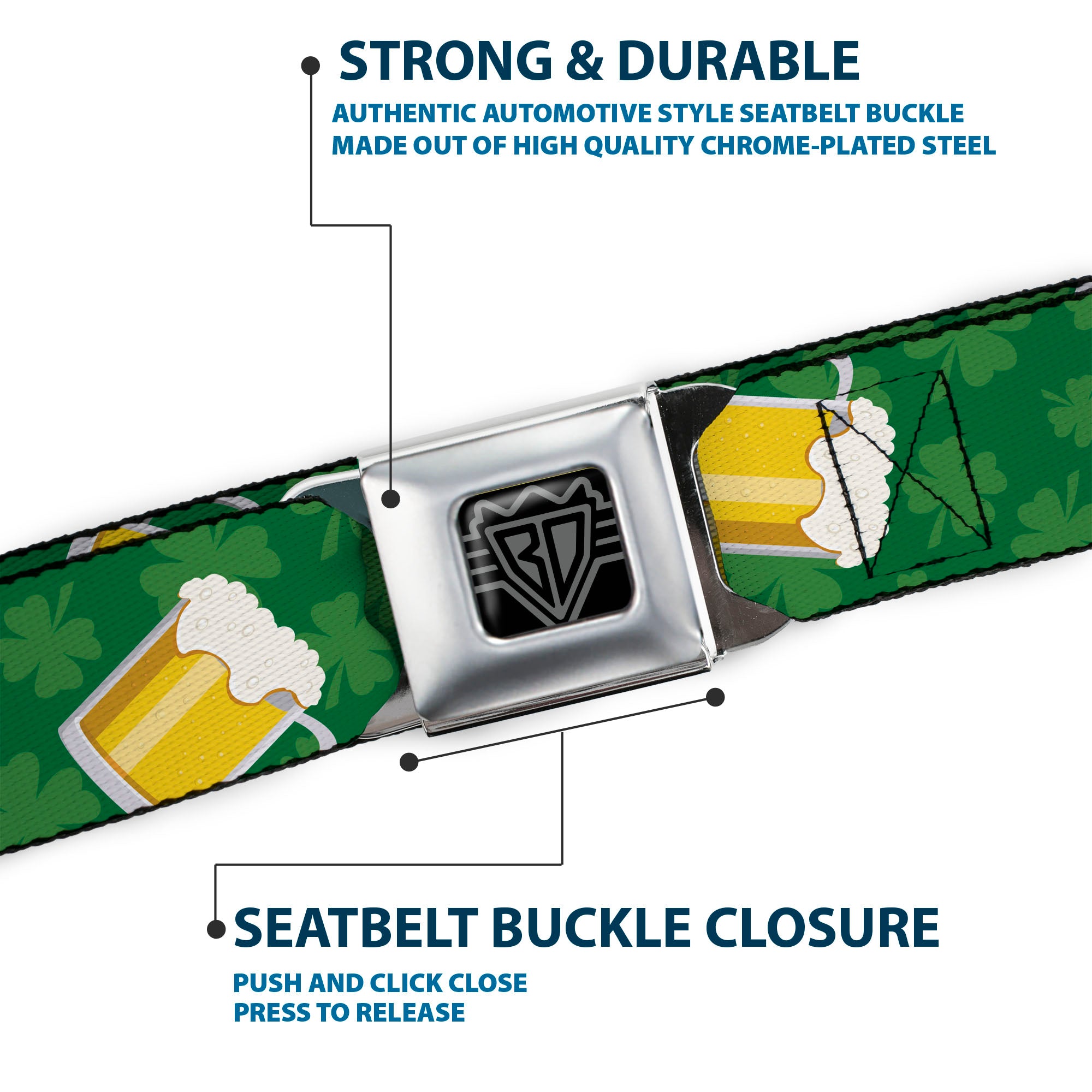 BD Wings Logo CLOSE-UP Full Color Black Silver Seatbelt Belt - St. Pat's Clovers/Beer Mugs Greens Webbing Seatbelt Belts Buckle-Down