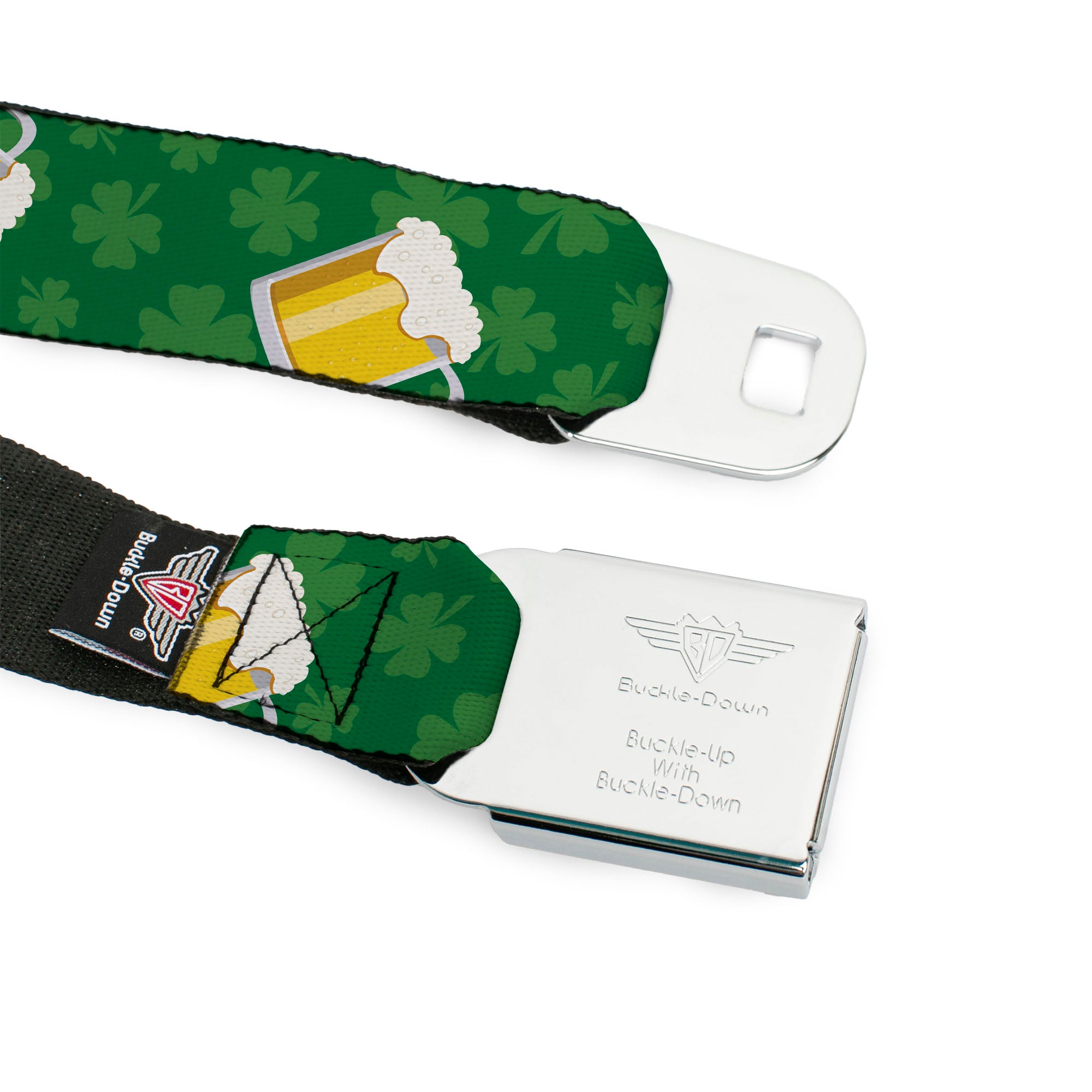 BD Wings Logo CLOSE-UP Full Color Black Silver Seatbelt Belt - St. Pat's Clovers/Beer Mugs Greens Webbing Seatbelt Belts Buckle-Down