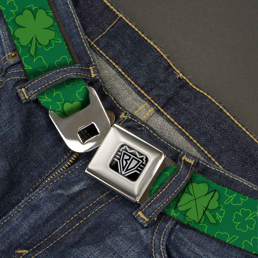 BD Wings Logo CLOSE-UP Full Color Black Silver Seatbelt Belt - St. Pat's Clovers Scattered2 Outline/Solid Greens Webbing Seatbelt Belts Buckle-Down