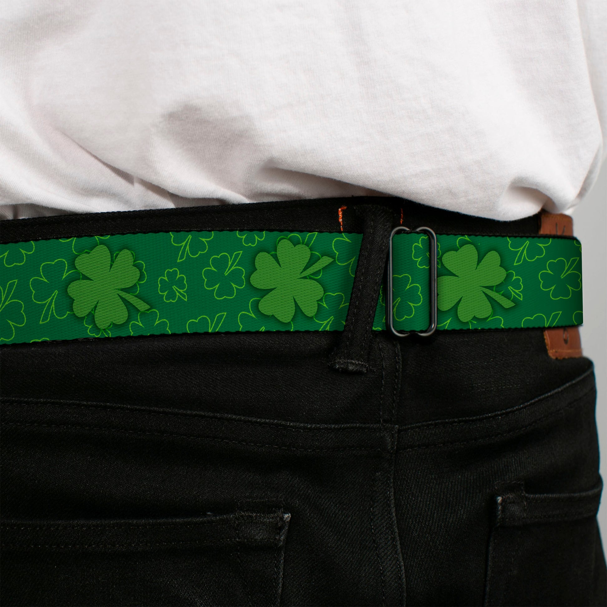 BD Wings Logo CLOSE-UP Full Color Black Silver Seatbelt Belt - St. Pat's Clovers Scattered2 Outline/Solid Greens Webbing Seatbelt Belts Buckle-Down