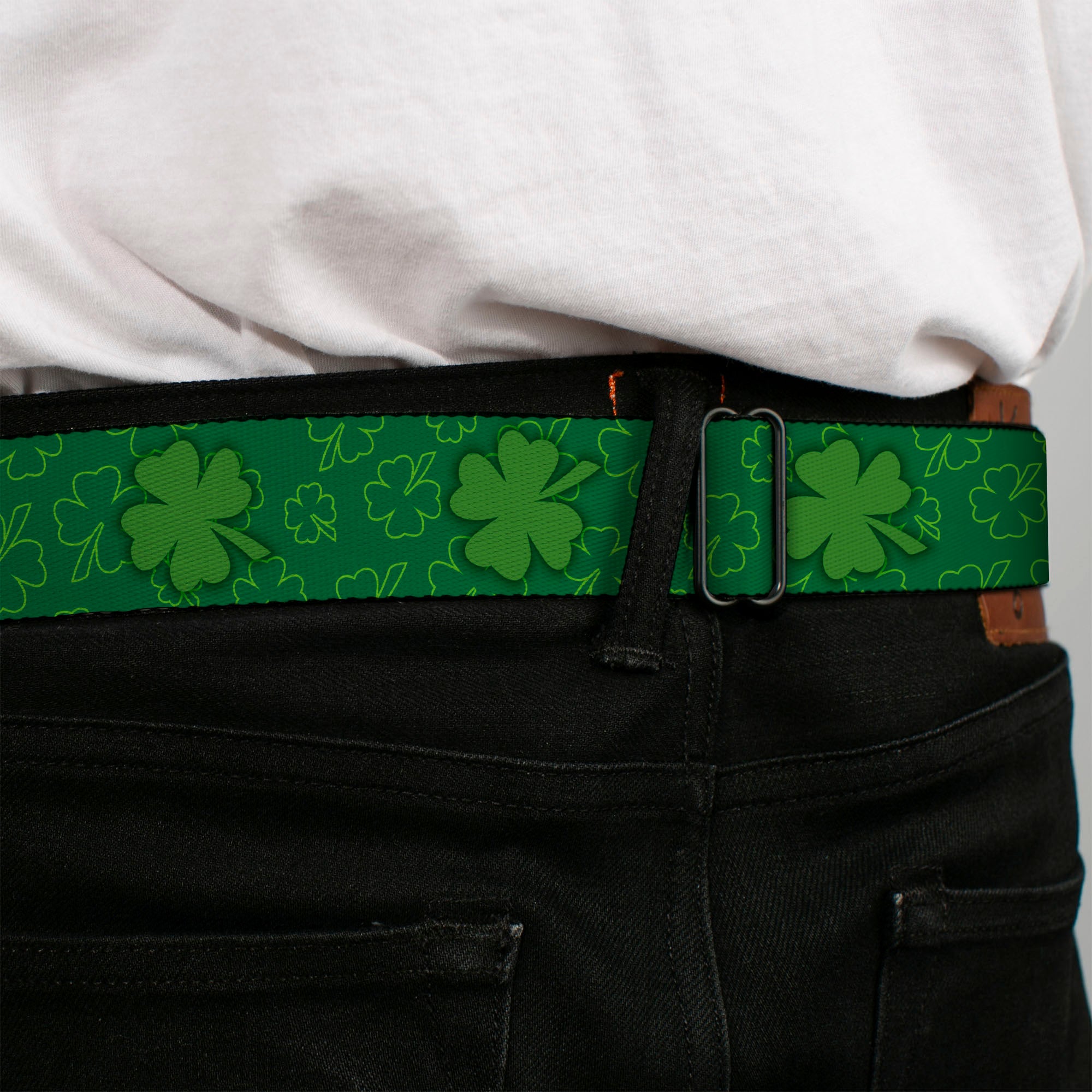 BD Wings Logo CLOSE-UP Full Color Black Silver Seatbelt Belt - St. Pat's Clovers Scattered2 Outline/Solid Greens Webbing Seatbelt Belts Buckle-Down