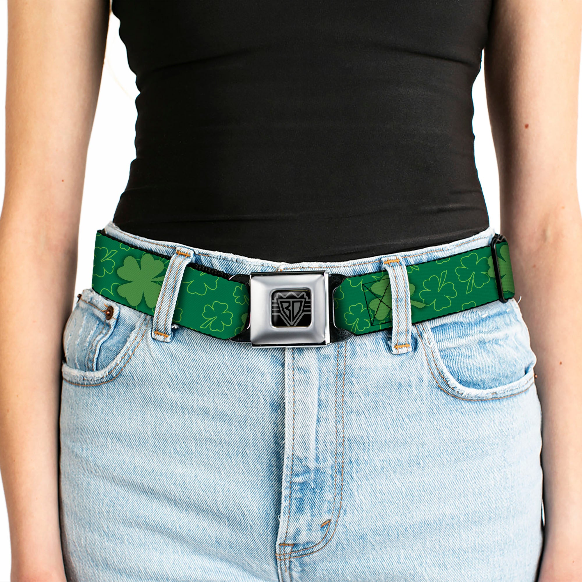 BD Wings Logo CLOSE-UP Full Color Black Silver Seatbelt Belt - St. Pat's Clovers Scattered2 Outline/Solid Greens Webbing Seatbelt Belts Buckle-Down