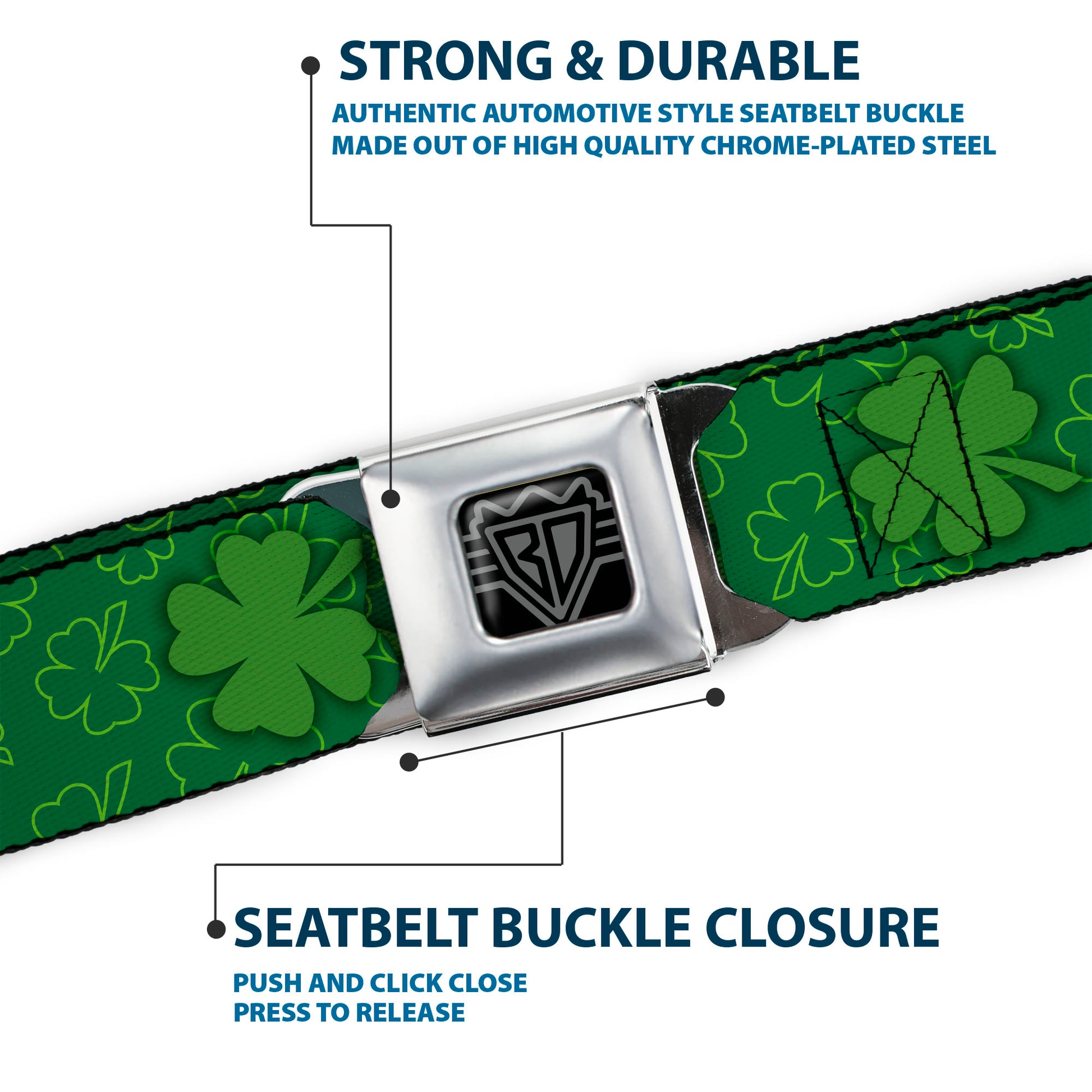 BD Wings Logo CLOSE-UP Full Color Black Silver Seatbelt Belt - St. Pat's Clovers Scattered2 Outline/Solid Greens Webbing Seatbelt Belts Buckle-Down