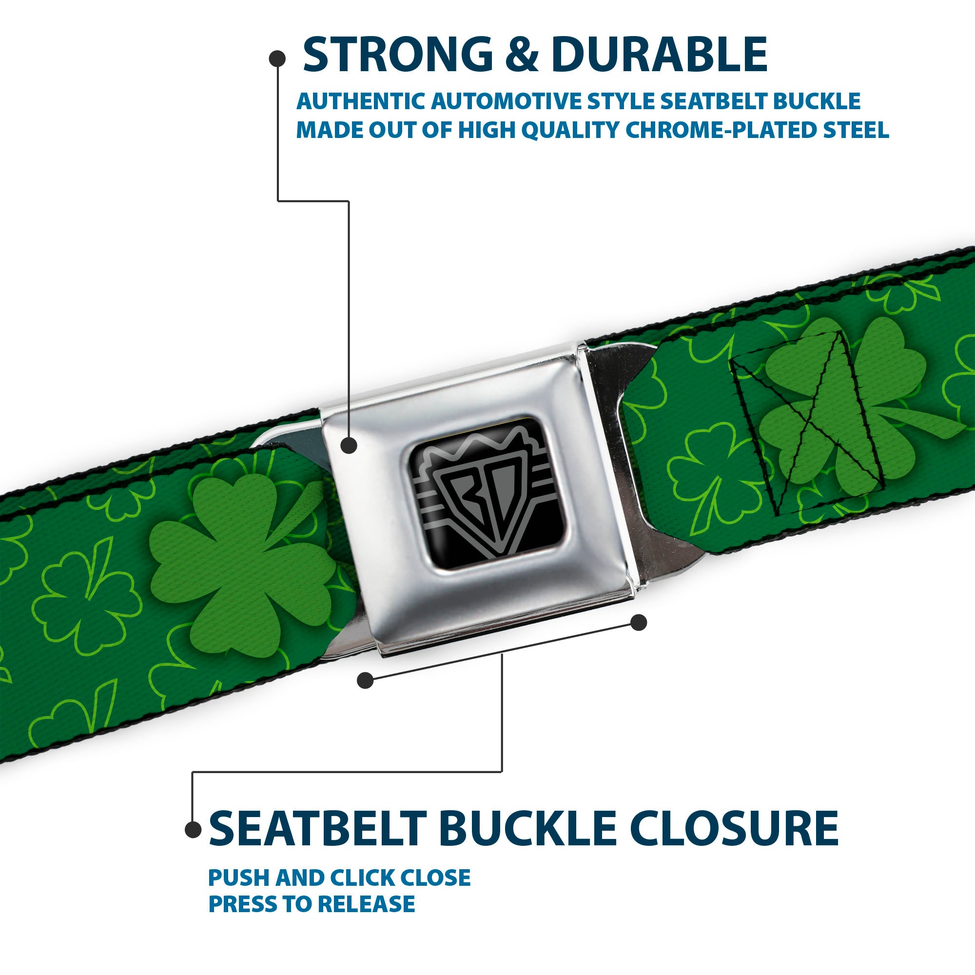 BD Wings Logo CLOSE-UP Full Color Black Silver Seatbelt Belt - St. Pat's Clovers Scattered2 Outline/Solid Greens Webbing Seatbelt Belts Buckle-Down