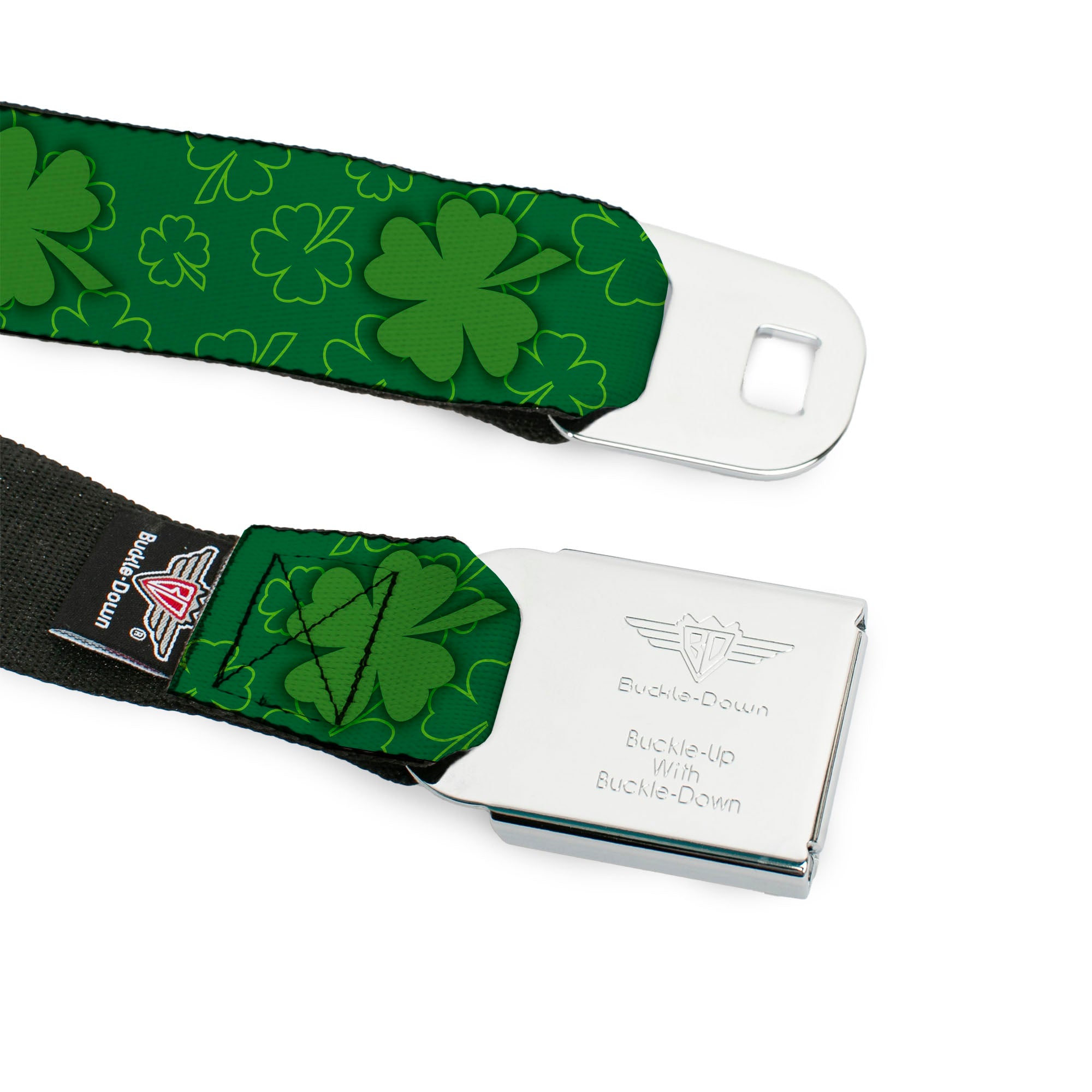 BD Wings Logo CLOSE-UP Full Color Black Silver Seatbelt Belt - St. Pat's Clovers Scattered2 Outline/Solid Greens Webbing Seatbelt Belts Buckle-Down