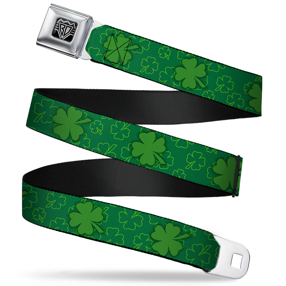 BD Wings Logo CLOSE-UP Full Color Black Silver Seatbelt Belt - St. Pat's Clovers Scattered2 Outline/Solid Greens Webbing Seatbelt Belts Buckle-Down