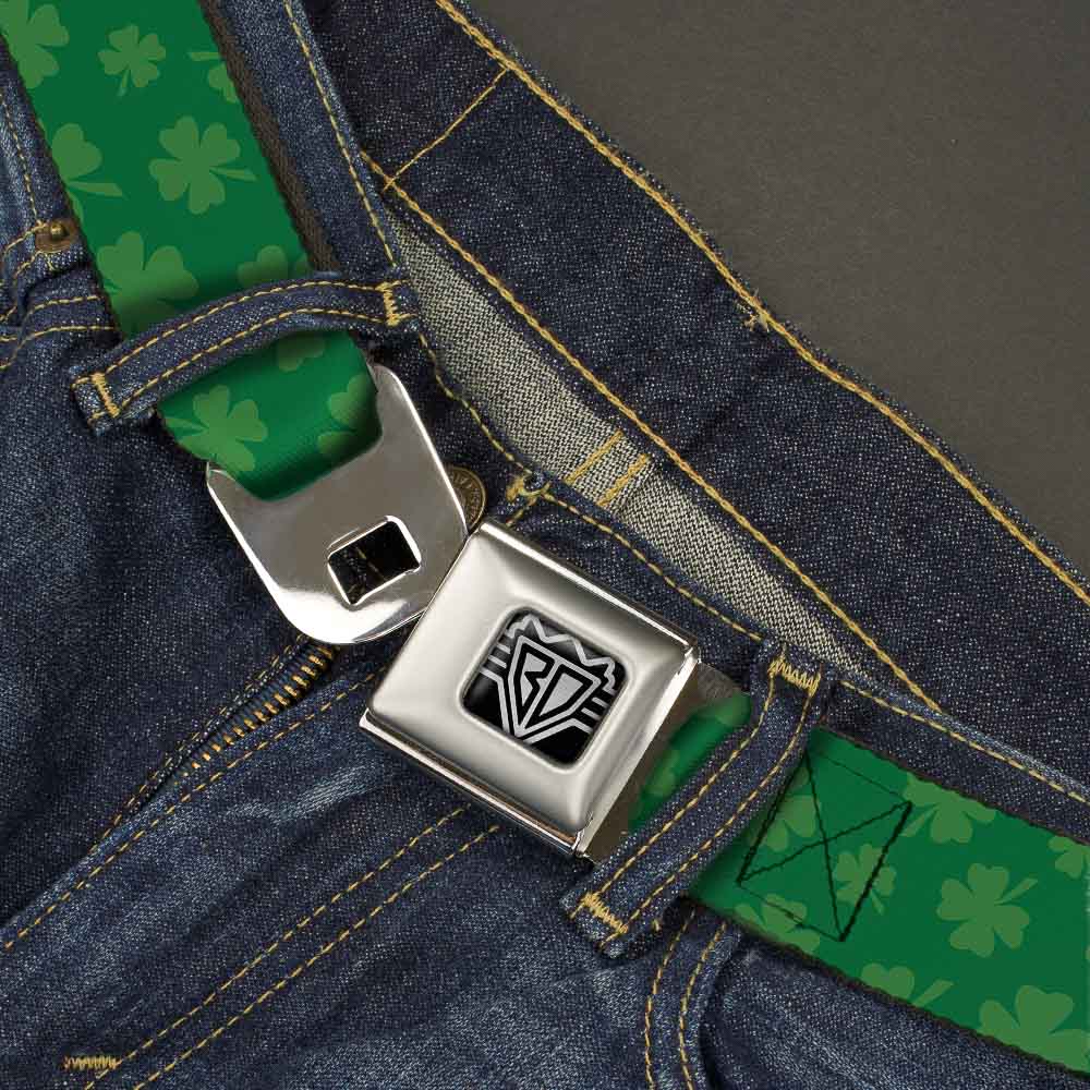 BD Wings Logo CLOSE-UP Full Color Black Silver Seatbelt Belt - St. Pat's Clovers Scattered3 Greens Webbing Seatbelt Belts Buckle-Down