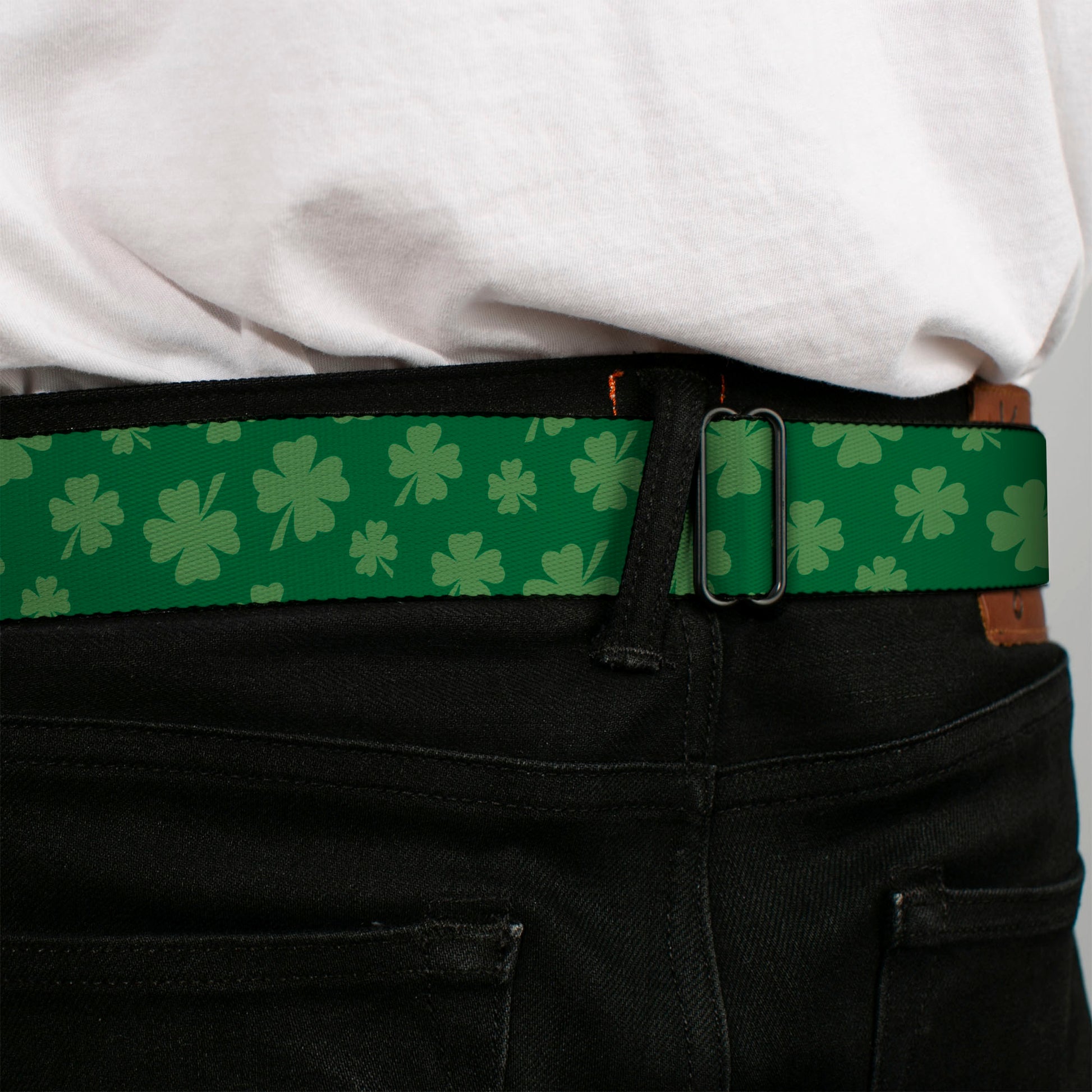BD Wings Logo CLOSE-UP Full Color Black Silver Seatbelt Belt - St. Pat's Clovers Scattered3 Greens Webbing Seatbelt Belts Buckle-Down
