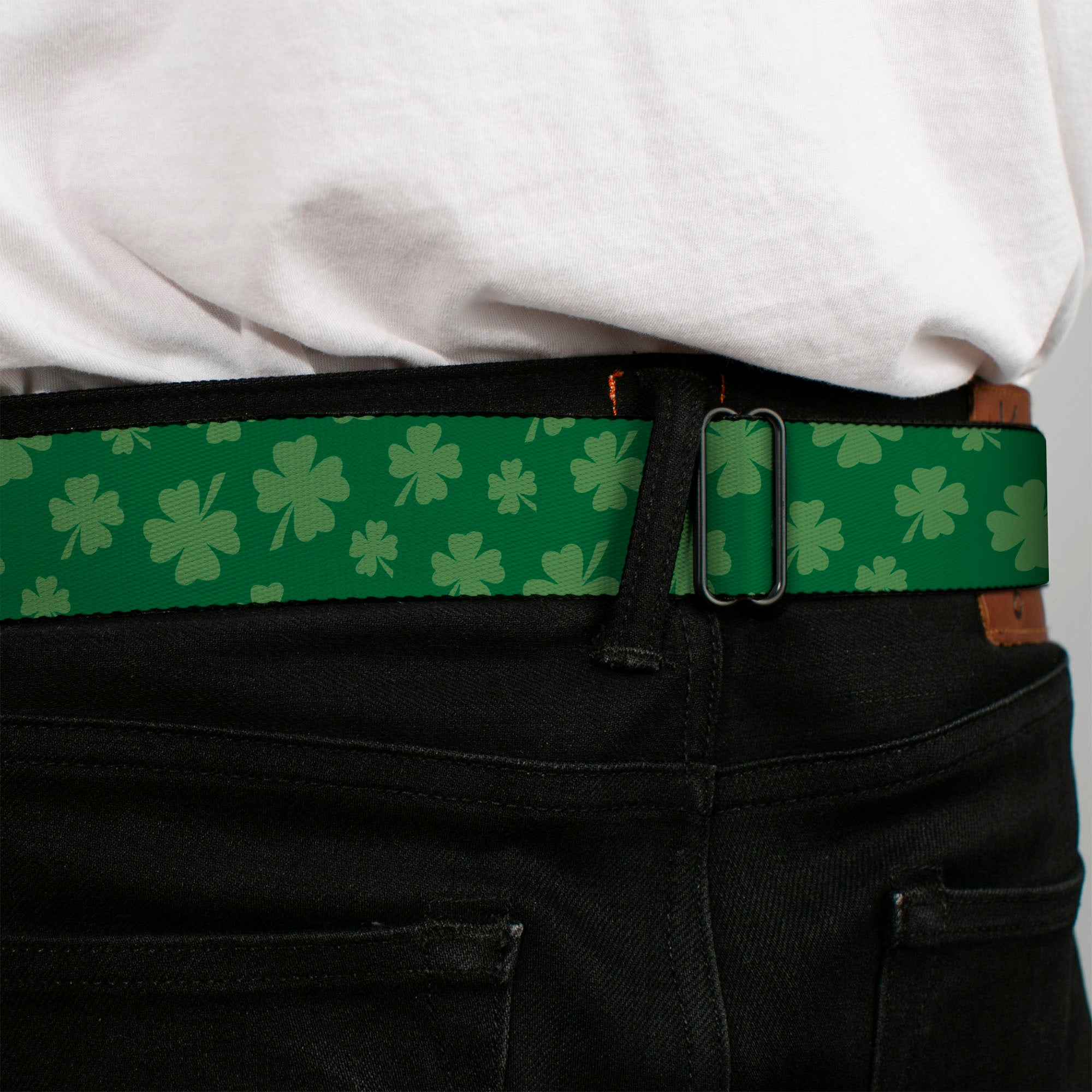 BD Wings Logo CLOSE-UP Full Color Black Silver Seatbelt Belt - St. Pat's Clovers Scattered3 Greens Webbing Seatbelt Belts Buckle-Down