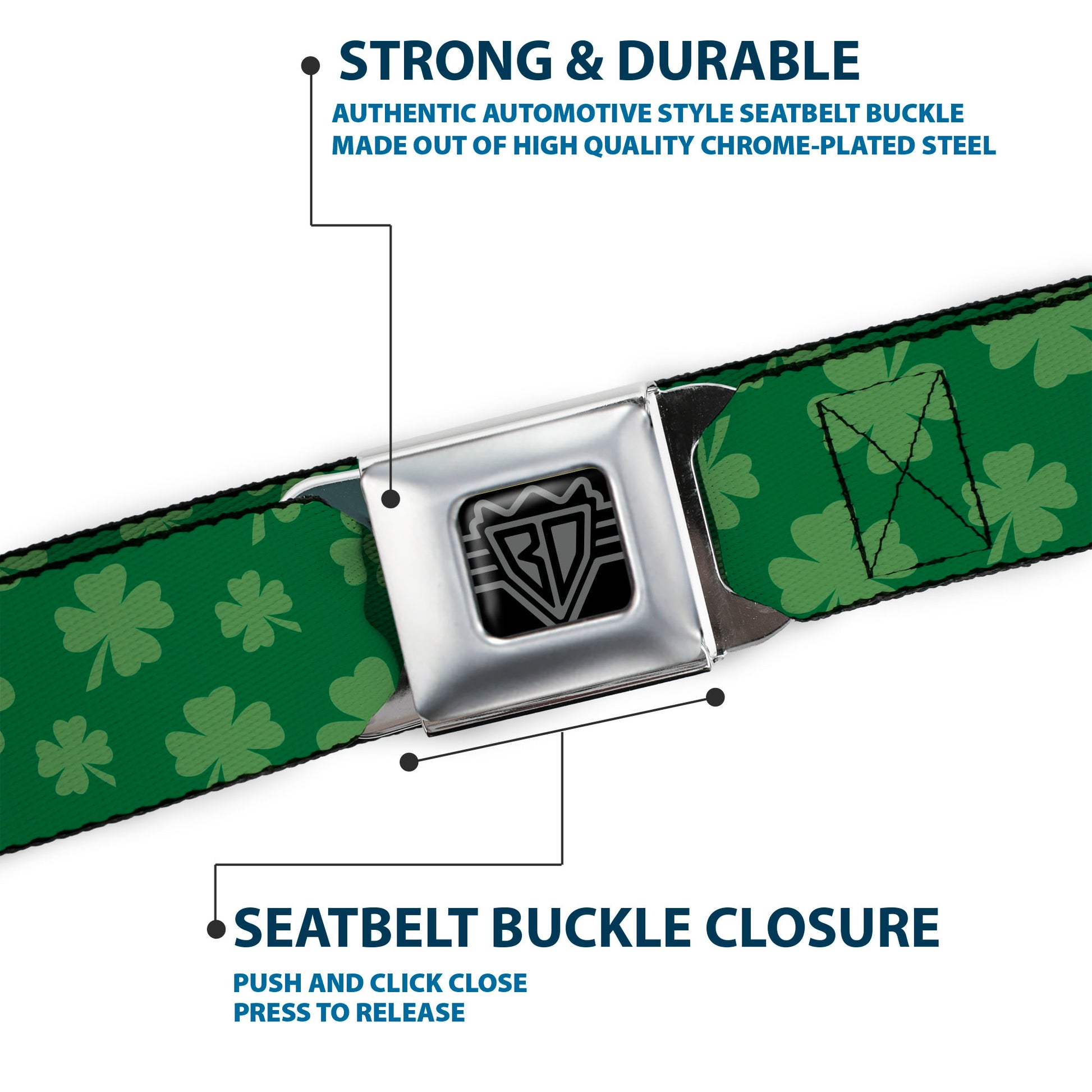 BD Wings Logo CLOSE-UP Full Color Black Silver Seatbelt Belt - St. Pat's Clovers Scattered3 Greens Webbing Seatbelt Belts Buckle-Down