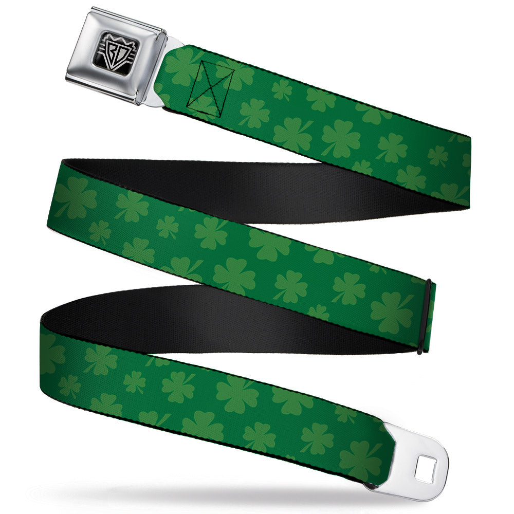 BD Wings Logo CLOSE-UP Full Color Black Silver Seatbelt Belt - St. Pat's Clovers Scattered3 Greens Webbing Seatbelt Belts Buckle-Down
