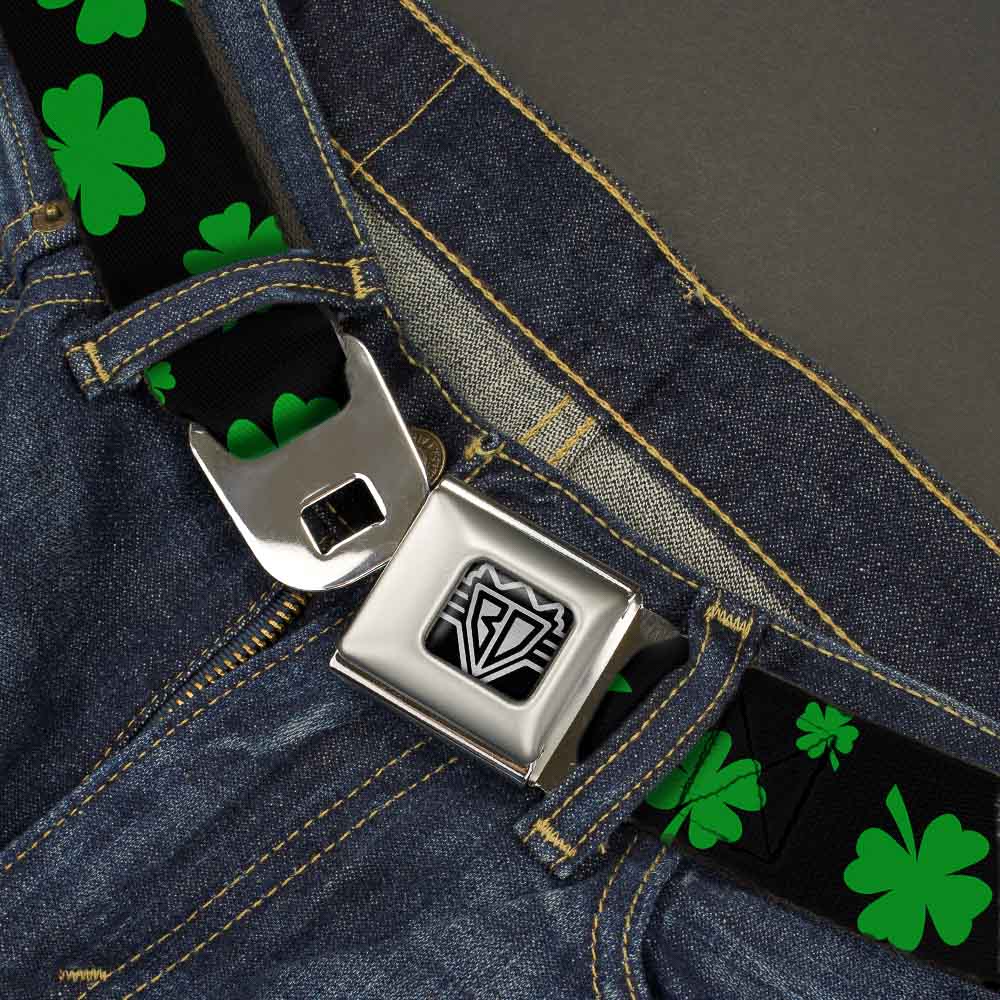 BD Wings Logo CLOSE-UP Full Color Black Silver Seatbelt Belt - St. Pat's Clovers Scattered2 Black/Green Webbing Seatbelt Belts Buckle-Down