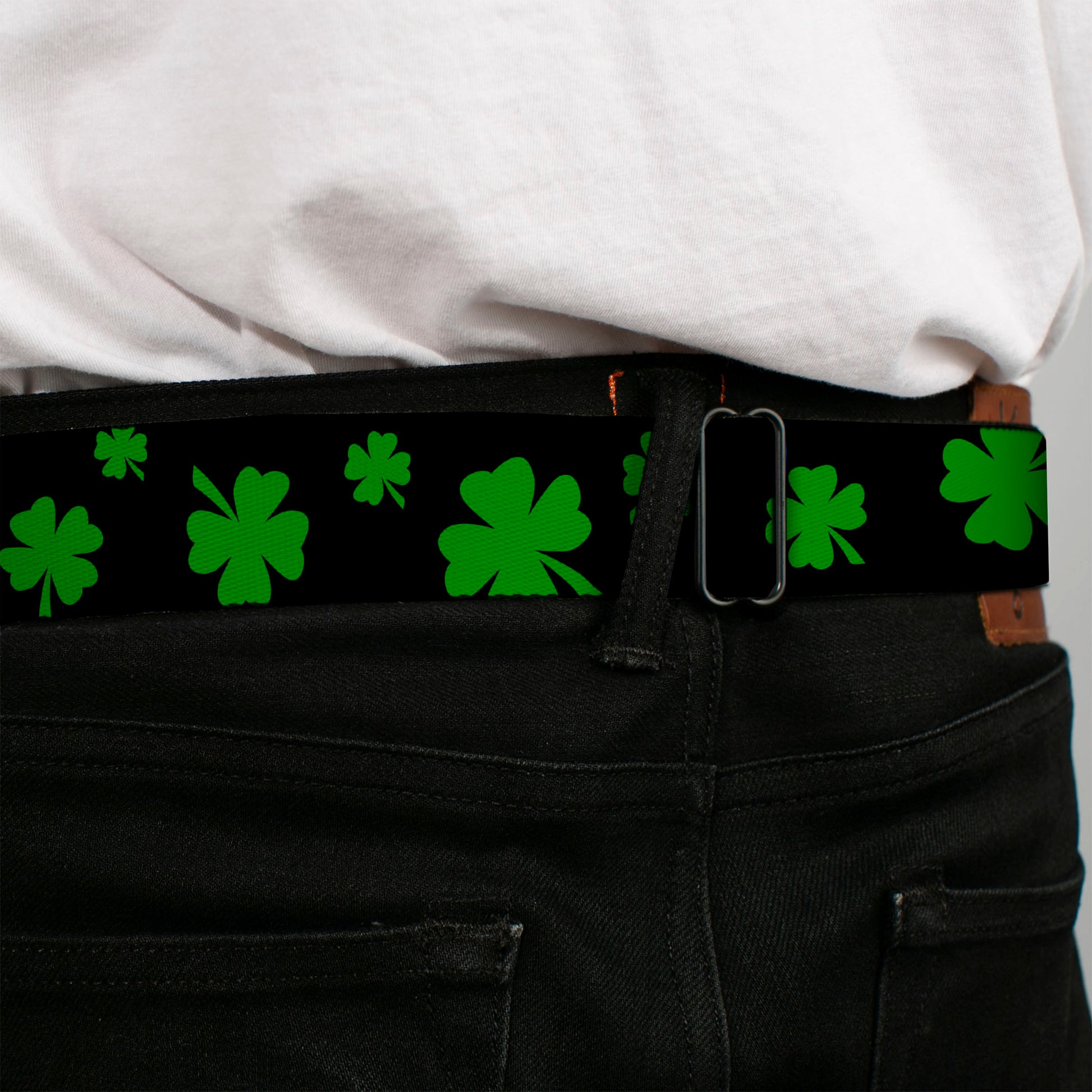 BD Wings Logo CLOSE-UP Full Color Black Silver Seatbelt Belt - St. Pat's Clovers Scattered2 Black/Green Webbing Seatbelt Belts Buckle-Down
