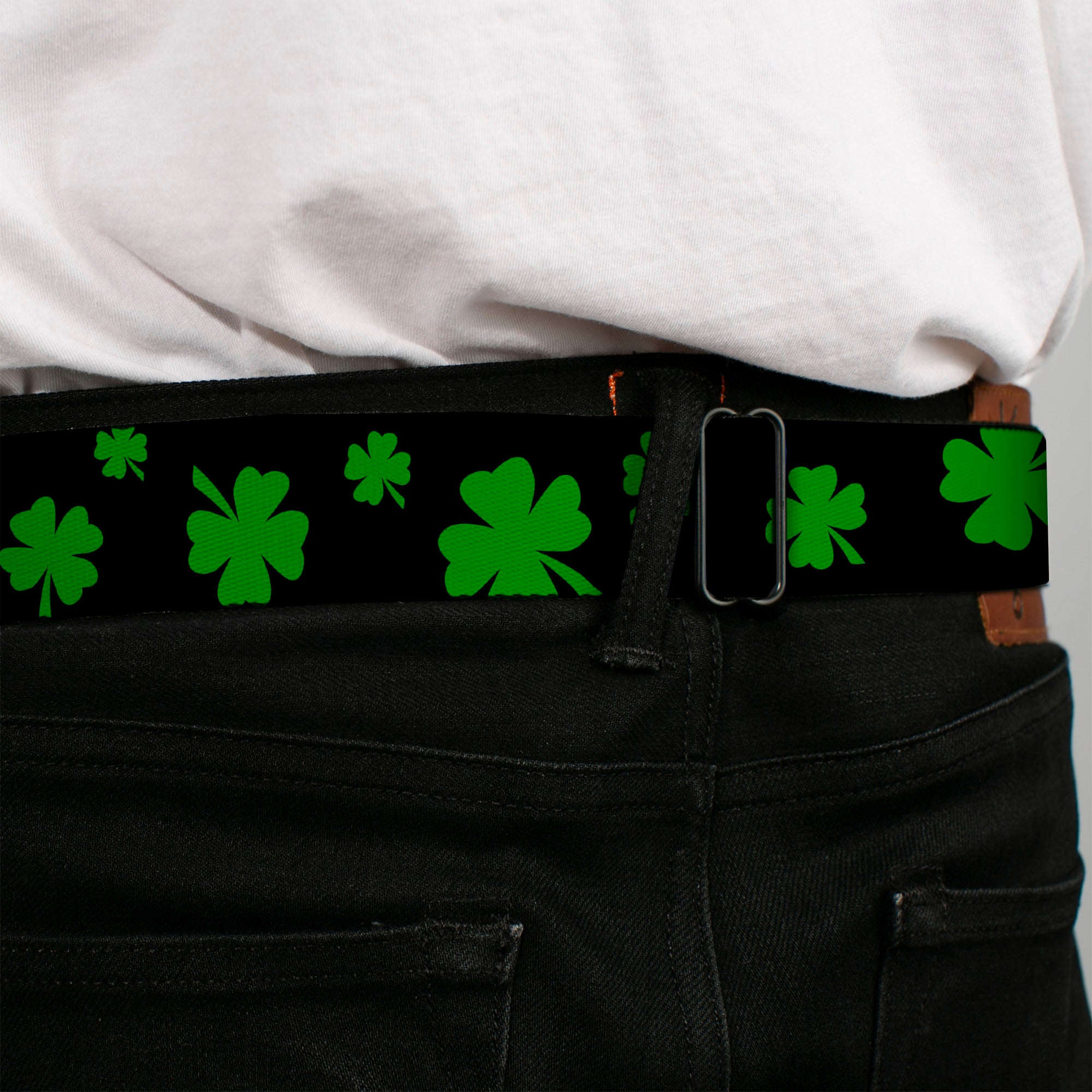 BD Wings Logo CLOSE-UP Full Color Black Silver Seatbelt Belt - St. Pat's Clovers Scattered2 Black/Green Webbing Seatbelt Belts Buckle-Down