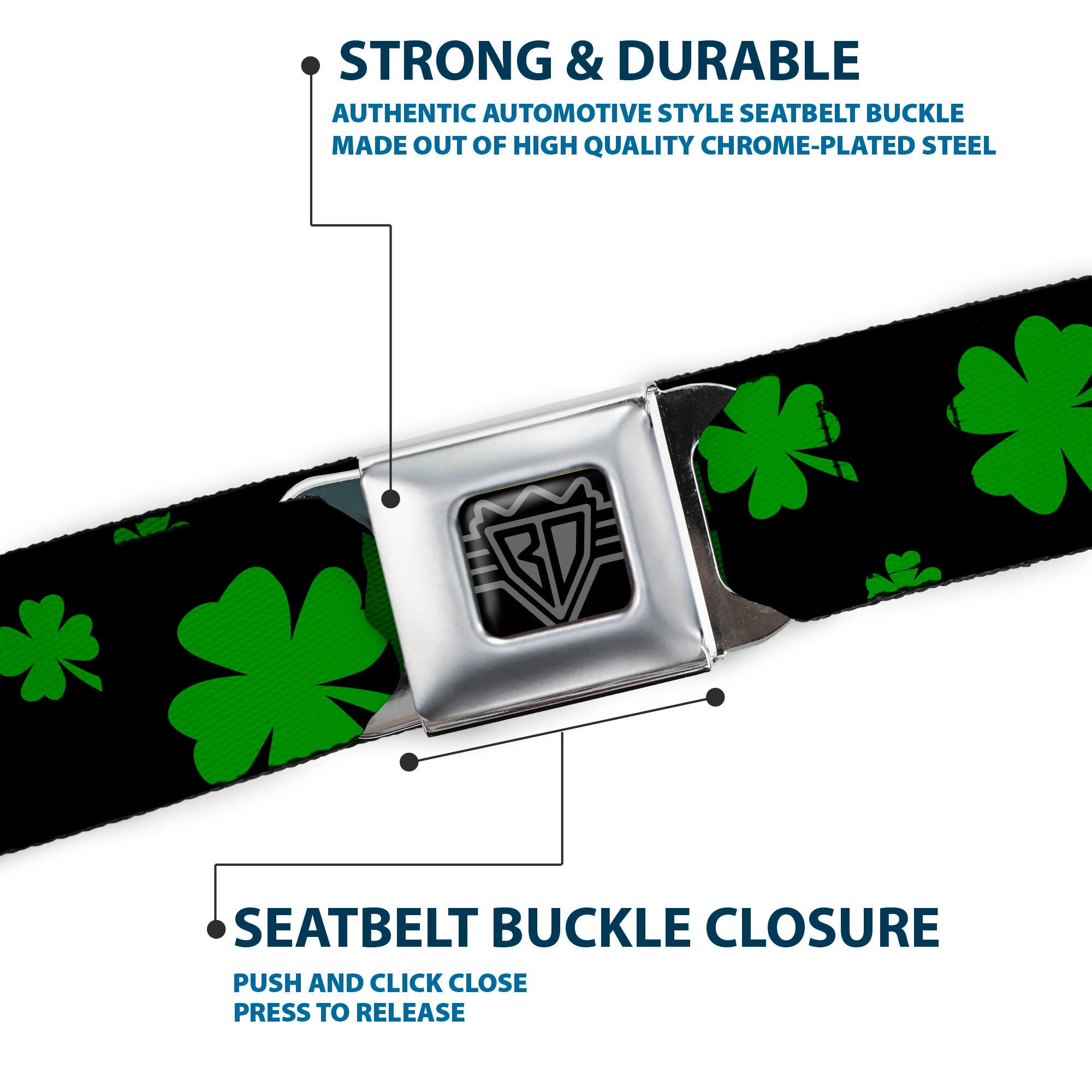 BD Wings Logo CLOSE-UP Full Color Black Silver Seatbelt Belt - St. Pat's Clovers Scattered2 Black/Green Webbing Seatbelt Belts Buckle-Down