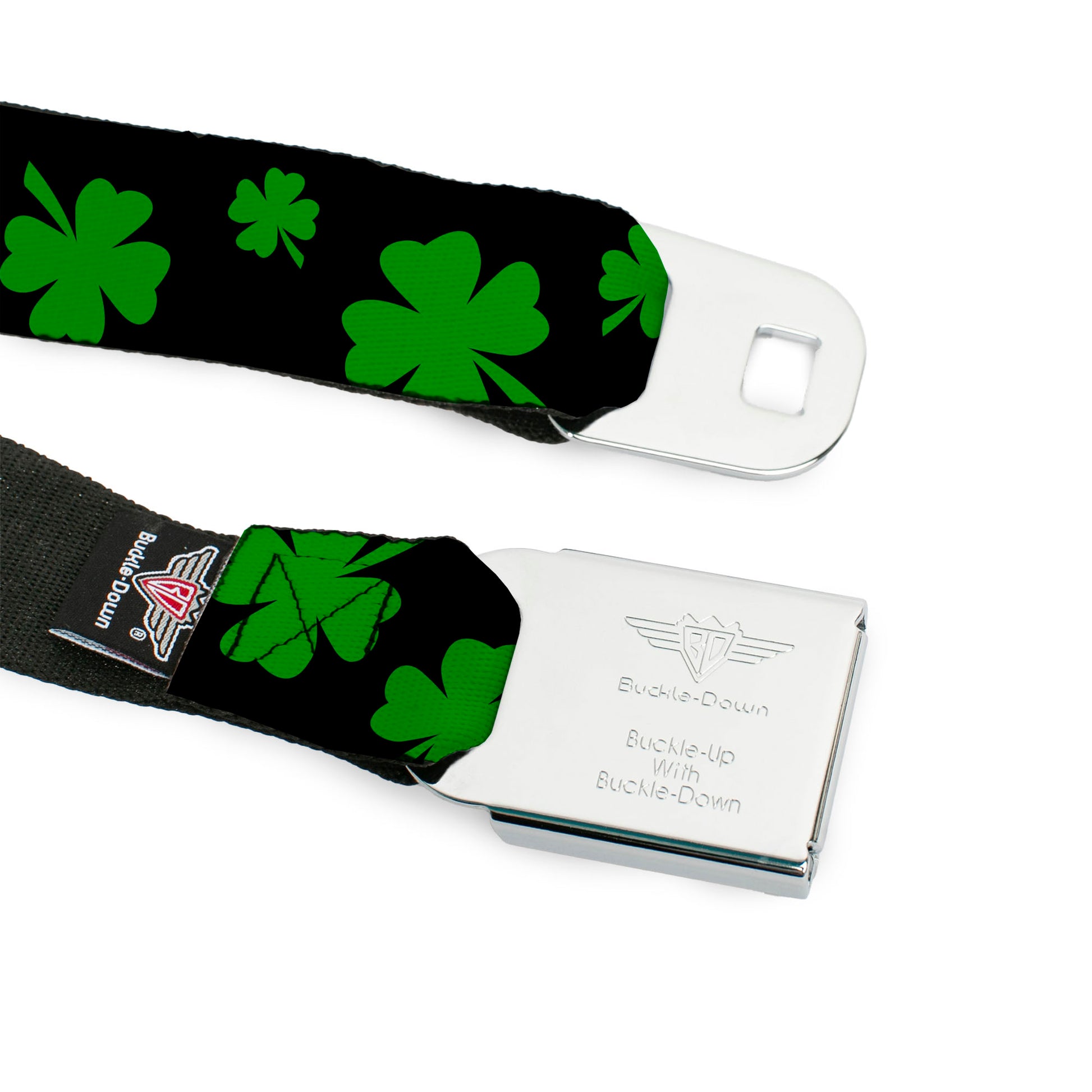 BD Wings Logo CLOSE-UP Full Color Black Silver Seatbelt Belt - St. Pat's Clovers Scattered2 Black/Green Webbing Seatbelt Belts Buckle-Down