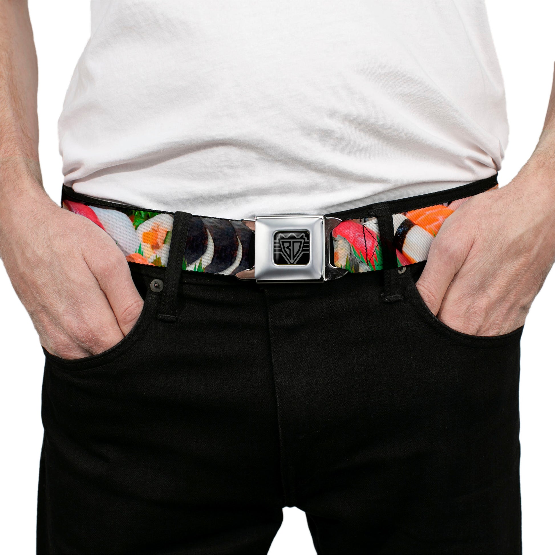 BD Wings Logo CLOSE-UP Full Color Black Silver Seatbelt Belt - Sushi Vivid Webbing Seatbelt Belts Buckle-Down