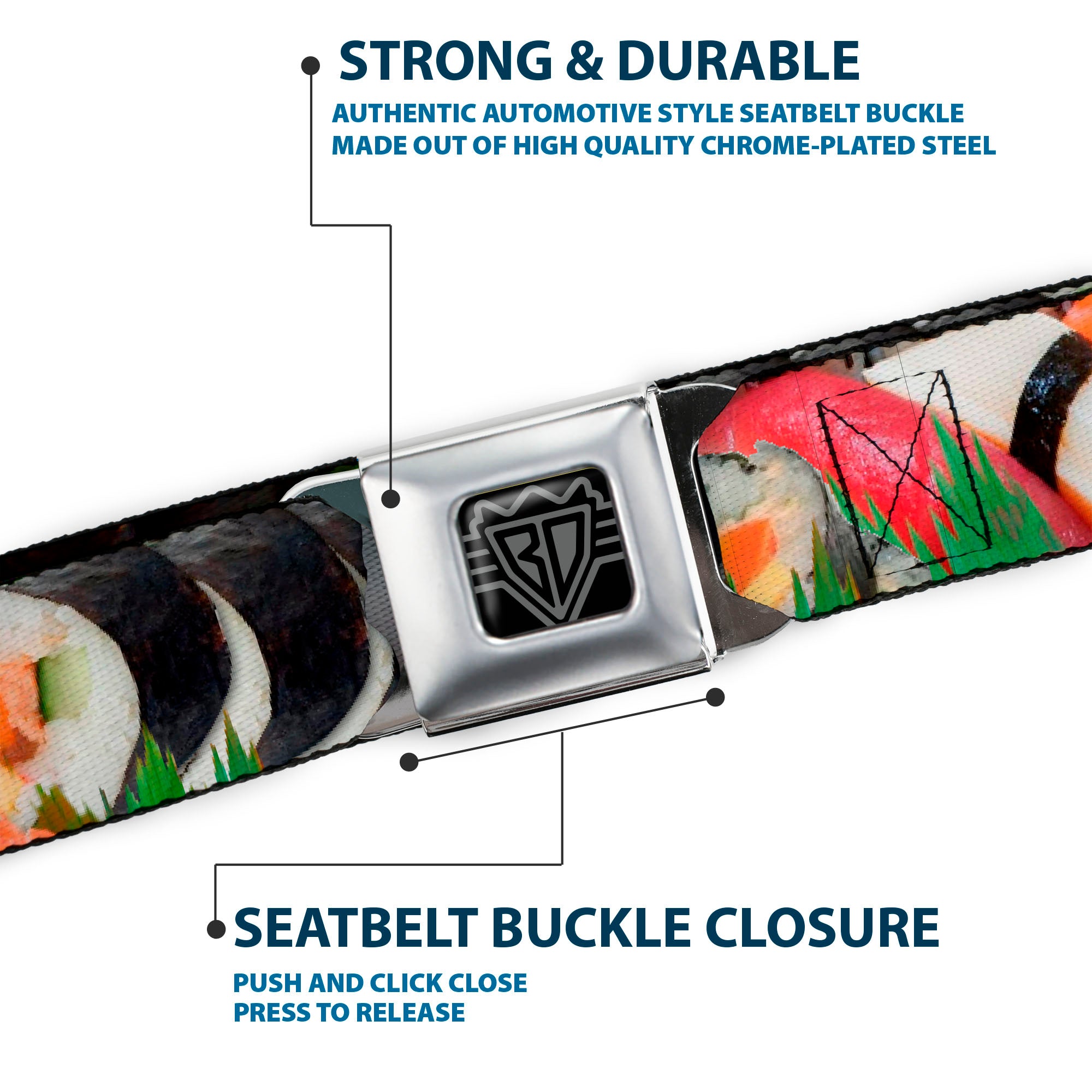 BD Wings Logo CLOSE-UP Full Color Black Silver Seatbelt Belt - Sushi Vivid Webbing Seatbelt Belts Buckle-Down