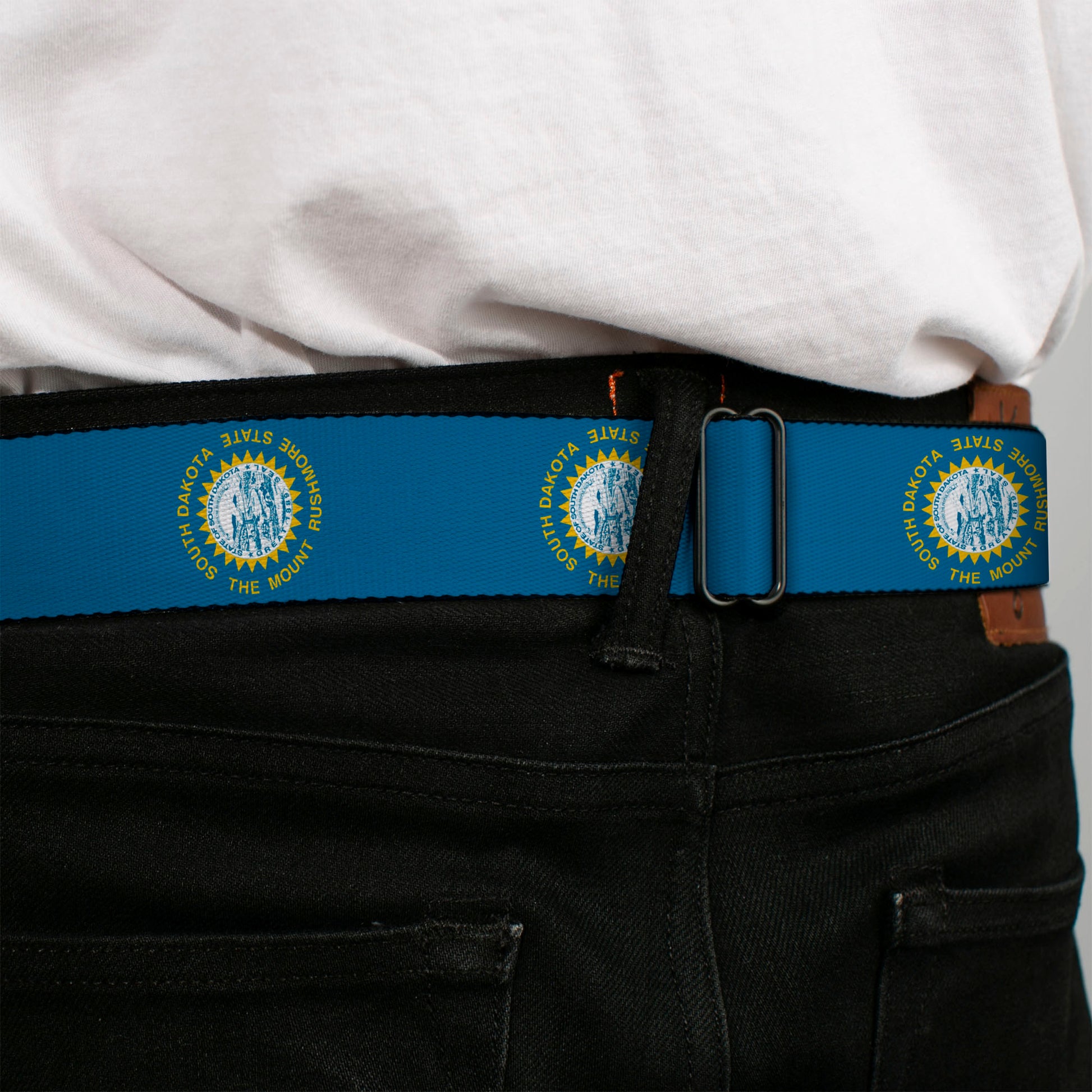 BD Wings Logo CLOSE-UP Full Color Black Silver Seatbelt Belt - South Dakota Flags Webbing Seatbelt Belts Buckle-Down