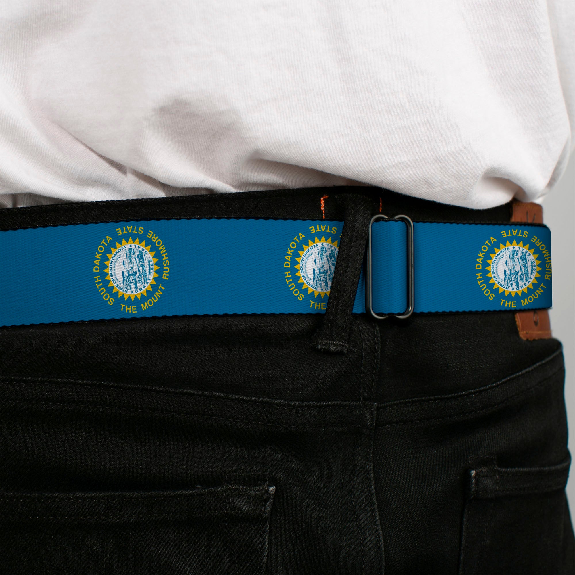 BD Wings Logo CLOSE-UP Full Color Black Silver Seatbelt Belt - South Dakota Flags Webbing Seatbelt Belts Buckle-Down