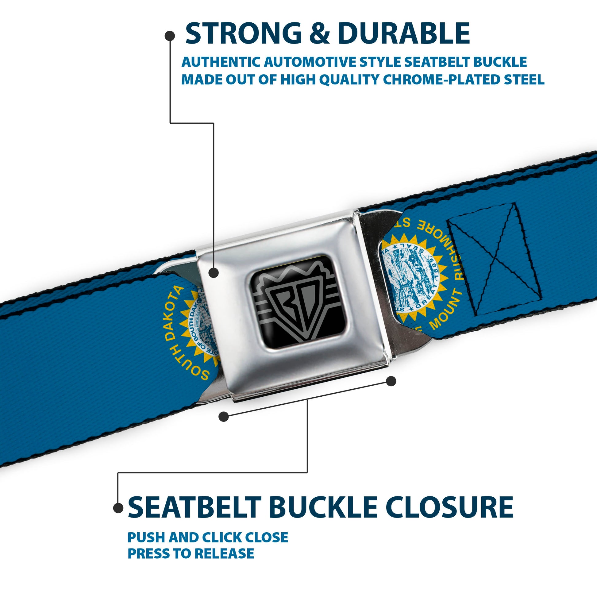 BD Wings Logo CLOSE-UP Full Color Black Silver Seatbelt Belt - South Dakota Flags Webbing Seatbelt Belts Buckle-Down