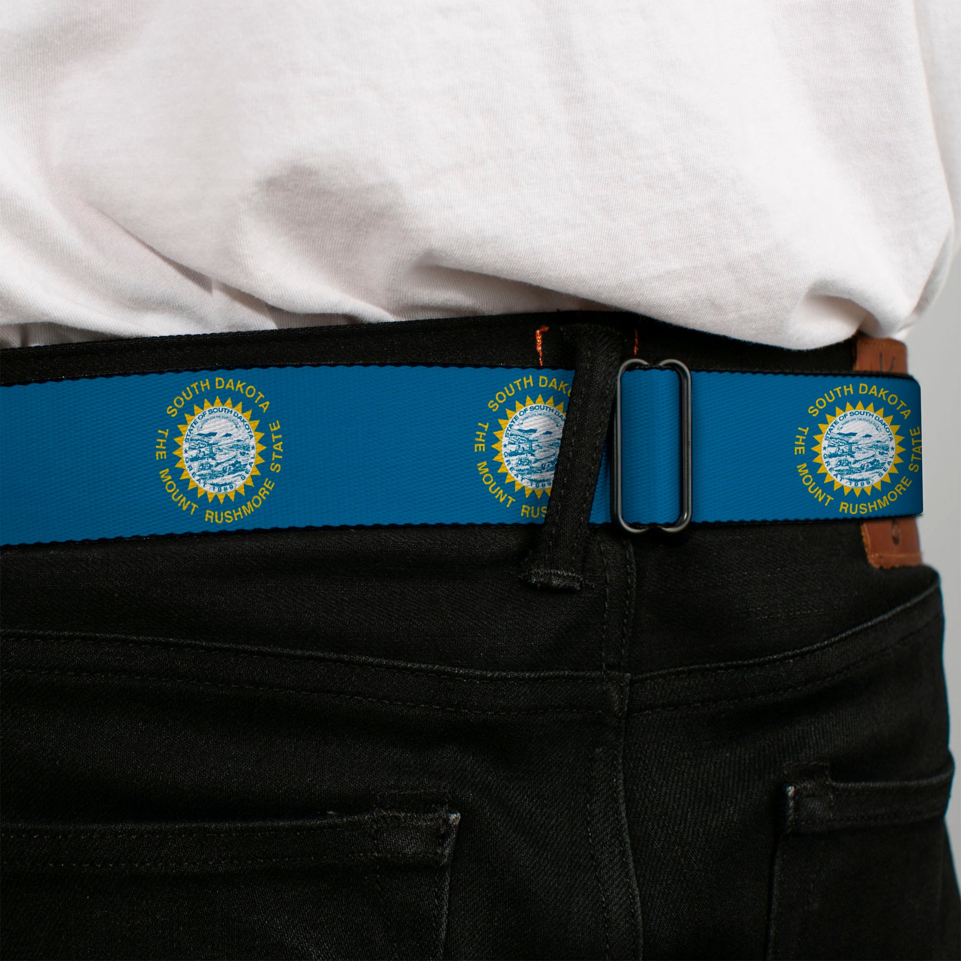 BD Wings Logo CLOSE-UP Black/Silver Seatbelt Belt - South Dakota Flags2 Webbing Seatbelt Belts Buckle-Down