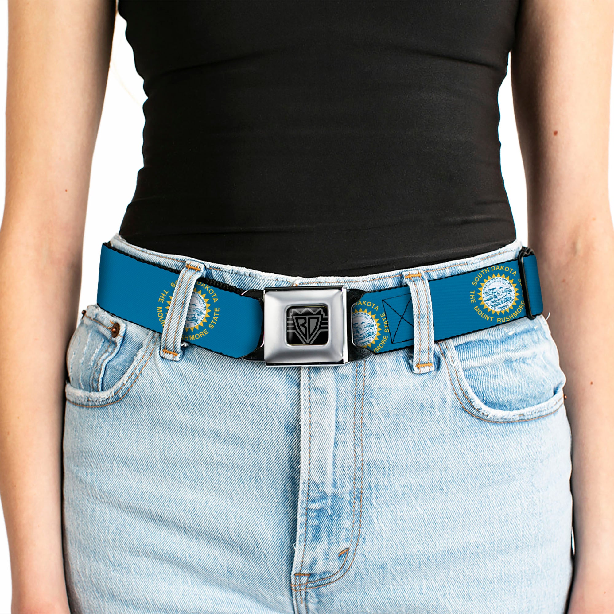 BD Wings Logo CLOSE-UP Black/Silver Seatbelt Belt - South Dakota Flags2 Webbing Seatbelt Belts Buckle-Down