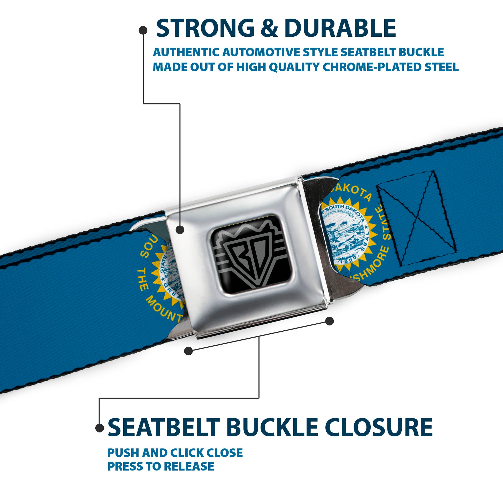 BD Wings Logo CLOSE-UP Black/Silver Seatbelt Belt - South Dakota Flags2 Webbing Seatbelt Belts Buckle-Down