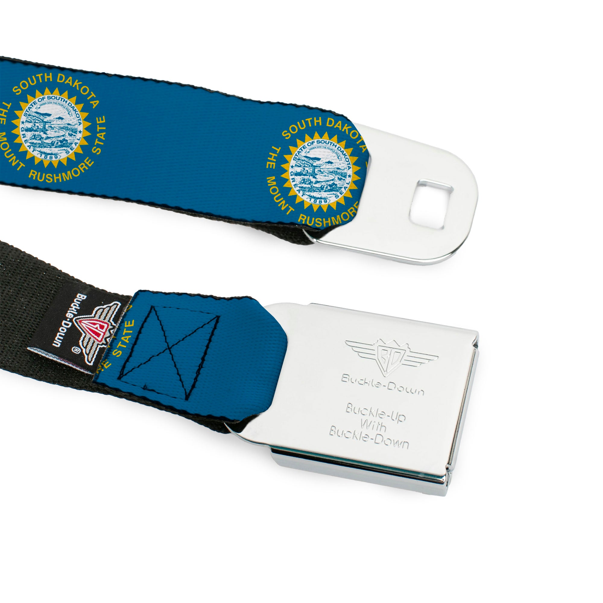 BD Wings Logo CLOSE-UP Black/Silver Seatbelt Belt - South Dakota Flags2 Webbing Seatbelt Belts Buckle-Down