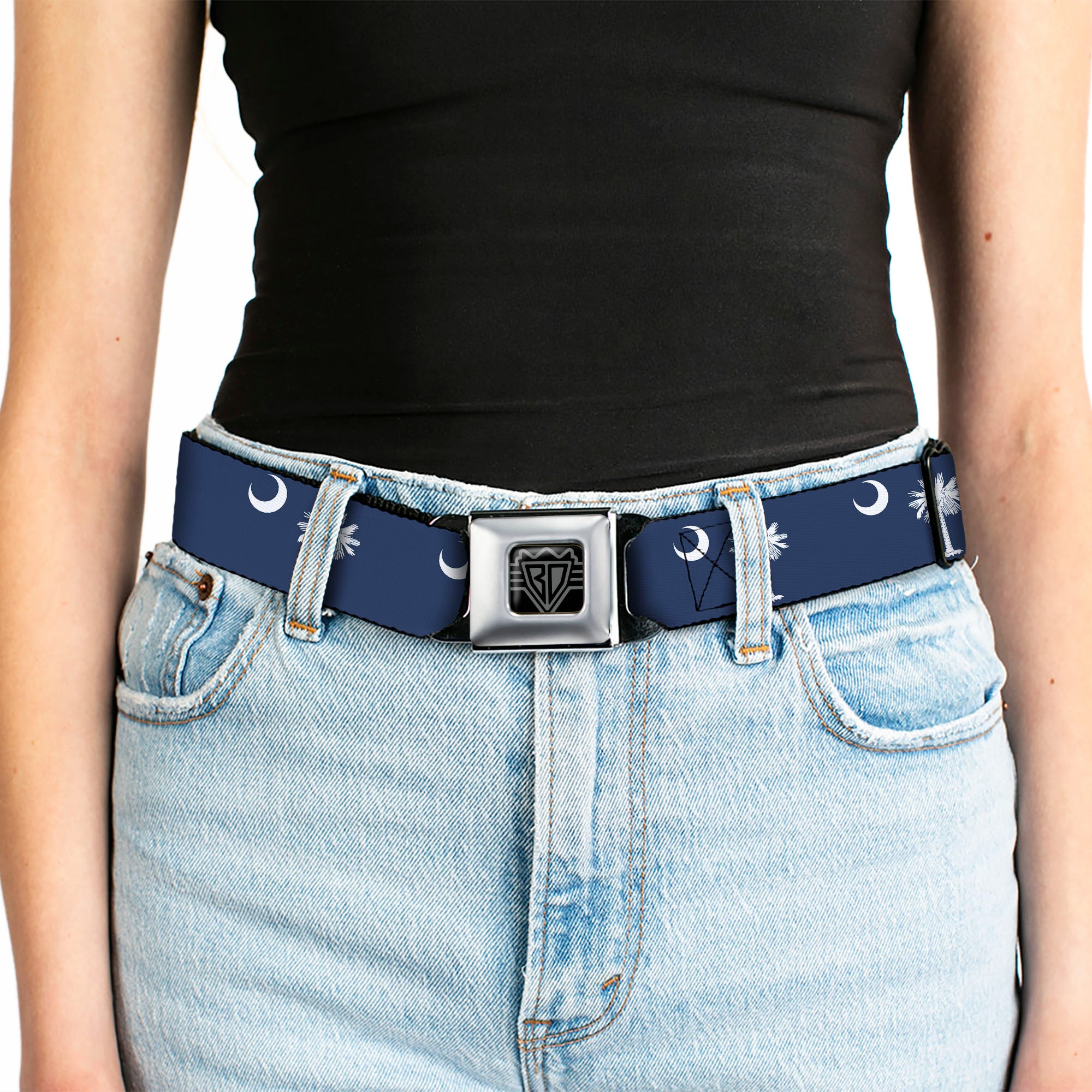 BD Wings Logo CLOSE-UP Full Color Black Silver Seatbelt Belt - South Carolina Flags Webbing Seatbelt Belts Buckle-Down