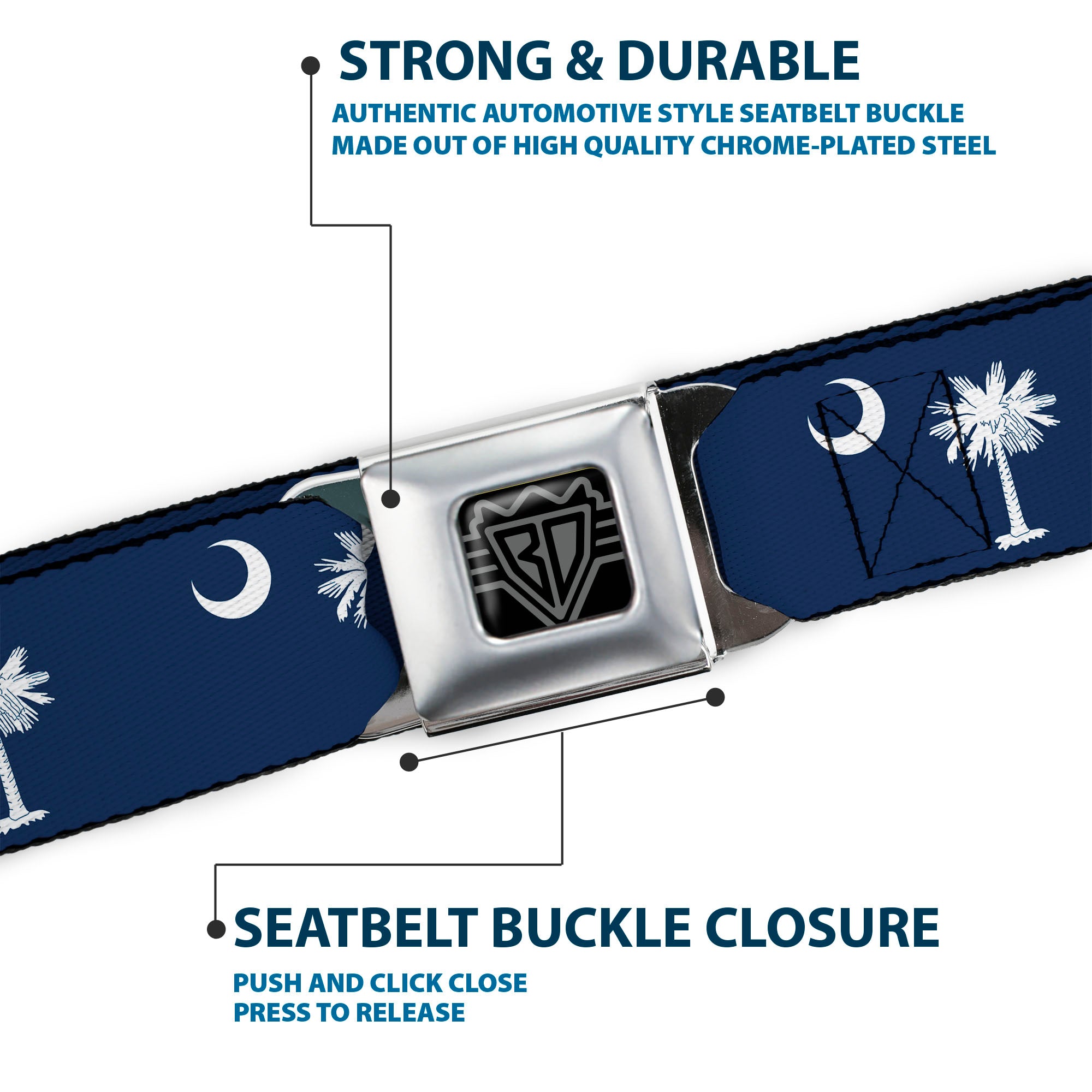 BD Wings Logo CLOSE-UP Full Color Black Silver Seatbelt Belt - South Carolina Flags Webbing Seatbelt Belts Buckle-Down