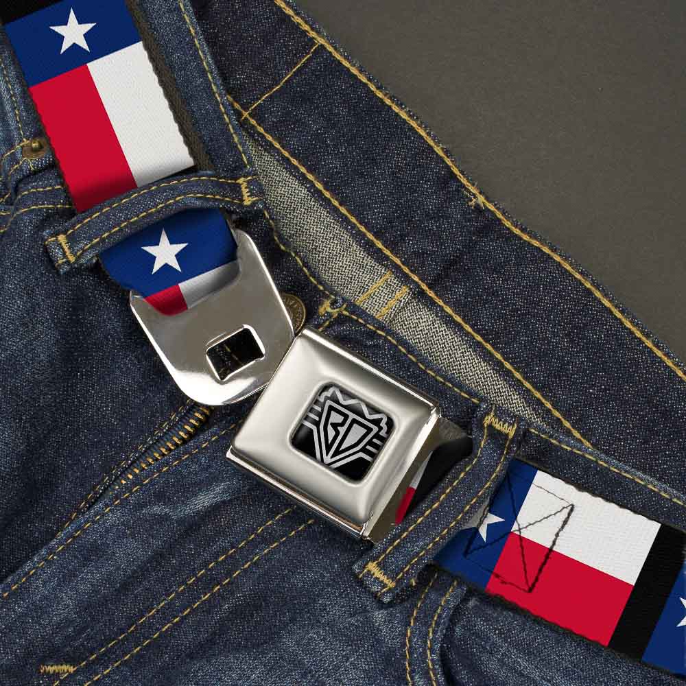 BD Wings Logo CLOSE-UP Full Color Black Silver Seatbelt Belt - Texas Flag/Black Webbing Seatbelt Belts Buckle-Down