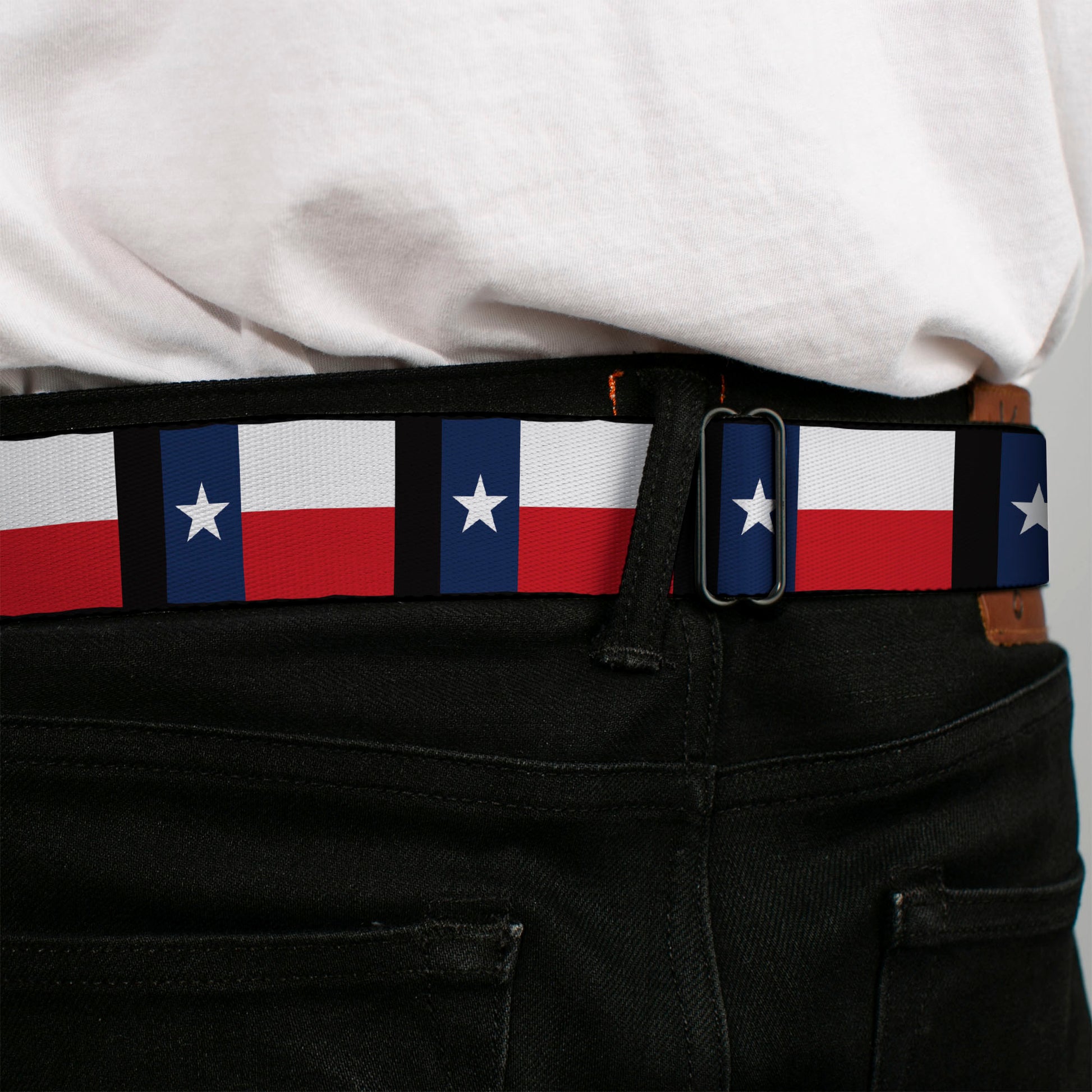 BD Wings Logo CLOSE-UP Full Color Black Silver Seatbelt Belt - Texas Flag/Black Webbing Seatbelt Belts Buckle-Down