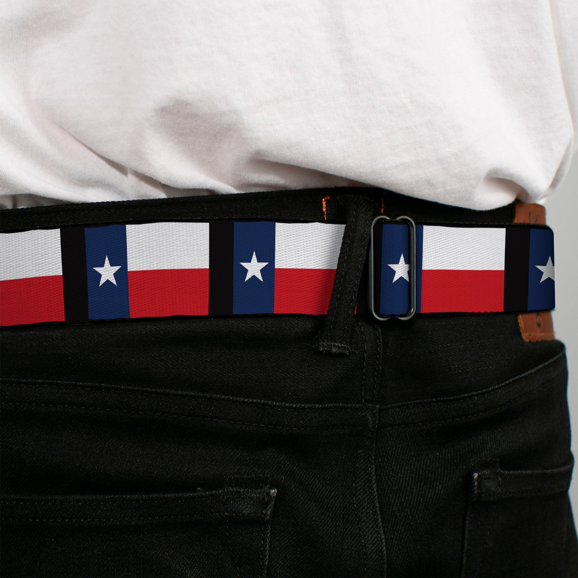 BD Wings Logo CLOSE-UP Full Color Black Silver Seatbelt Belt - Texas Flag/Black Webbing Seatbelt Belts Buckle-Down