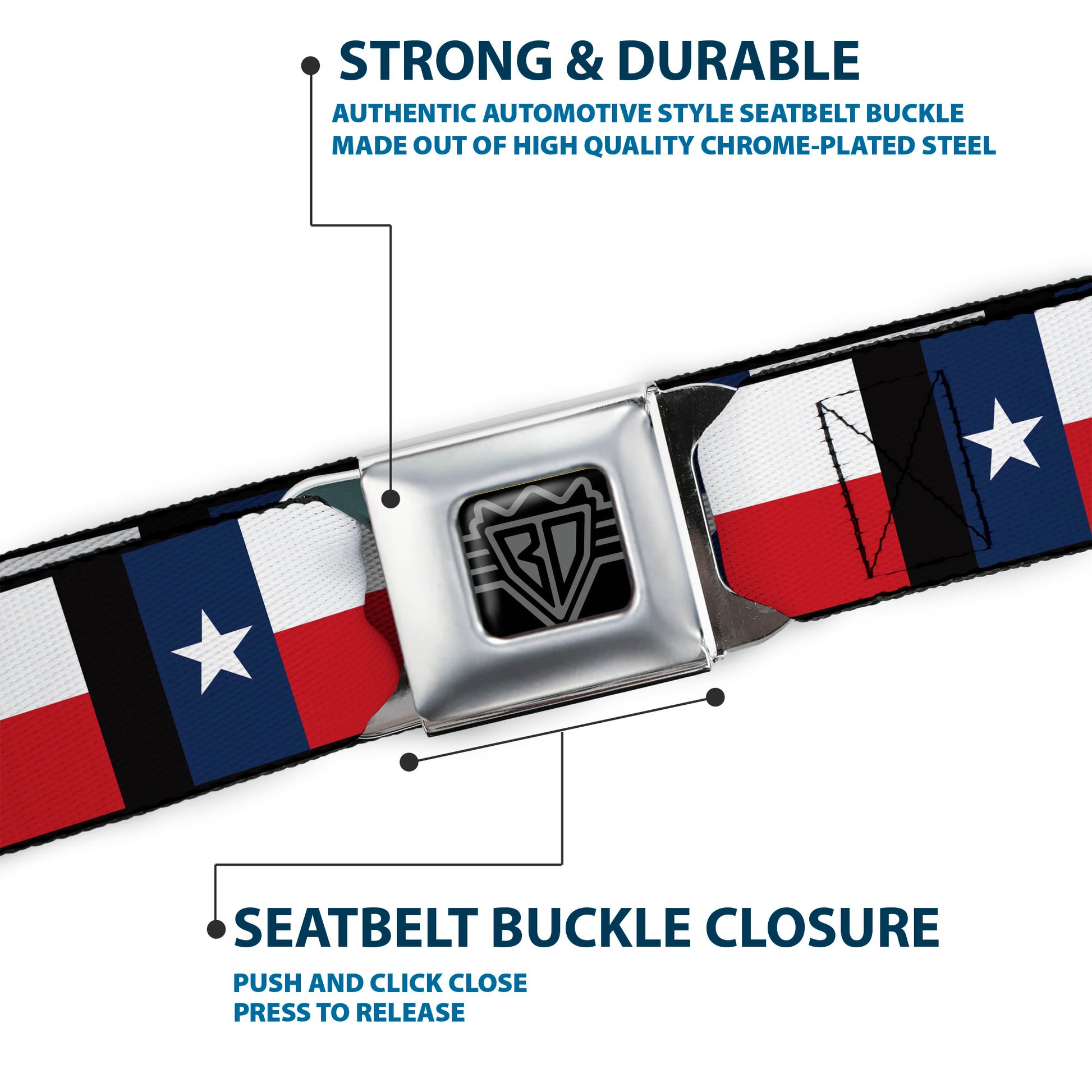 BD Wings Logo CLOSE-UP Full Color Black Silver Seatbelt Belt - Texas Flag/Black Webbing Seatbelt Belts Buckle-Down