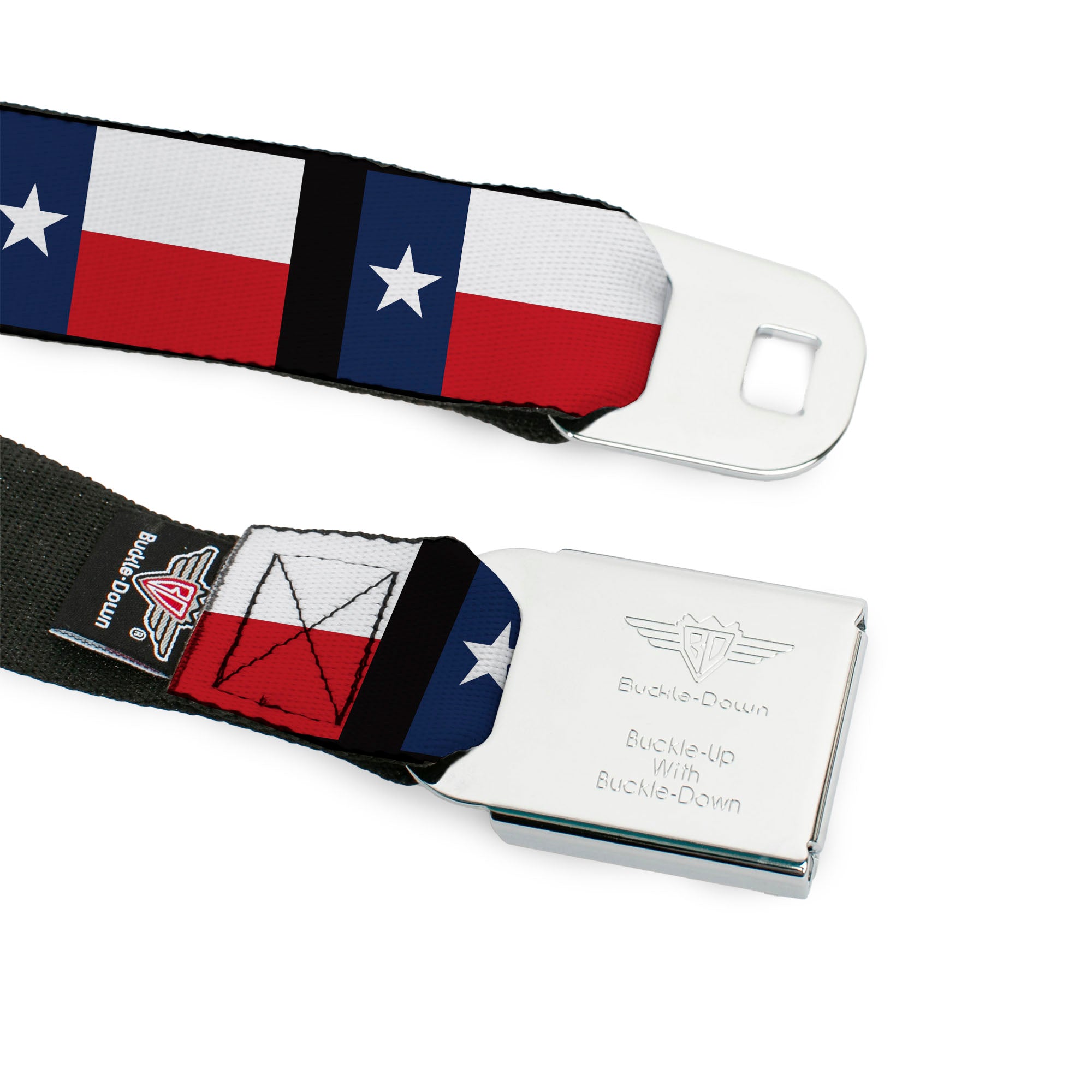 BD Wings Logo CLOSE-UP Full Color Black Silver Seatbelt Belt - Texas Flag/Black Webbing Seatbelt Belts Buckle-Down