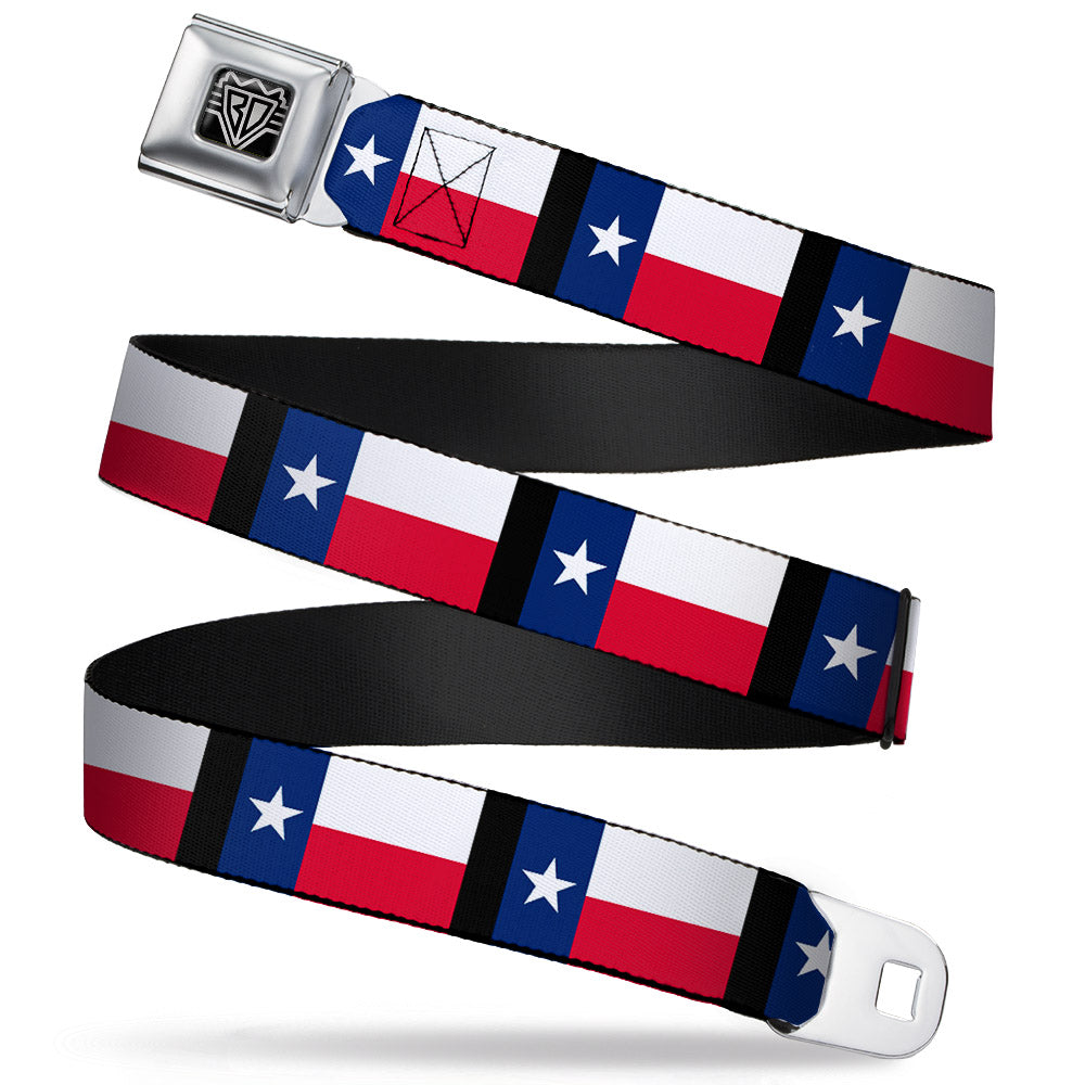 BD Wings Logo CLOSE-UP Full Color Black Silver Seatbelt Belt - Texas Flag/Black Webbing Seatbelt Belts Buckle-Down