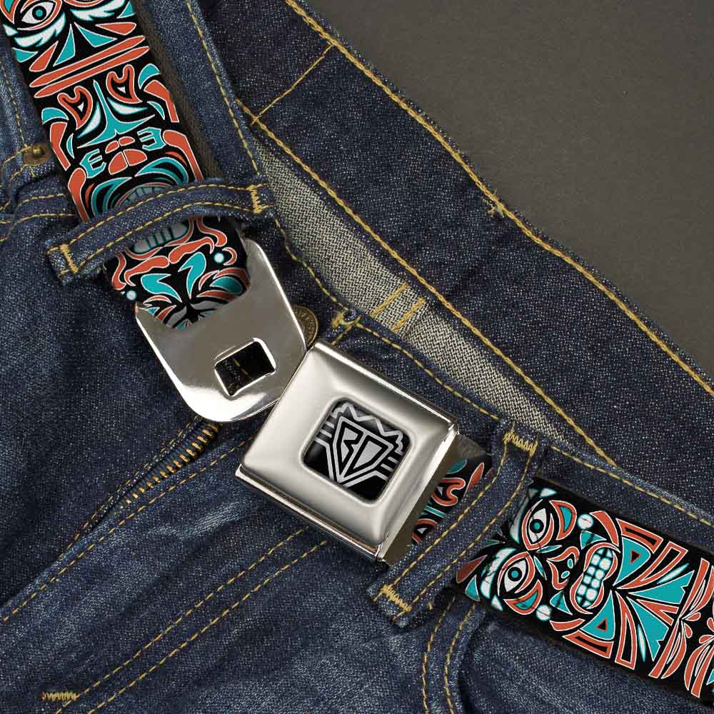 BD Wings Logo CLOSE-UP Full Color Black Silver Seatbelt Belt - Totem Carvings Black/White/Orange/Turquoise Webbing Seatbelt Belts Buckle-Down