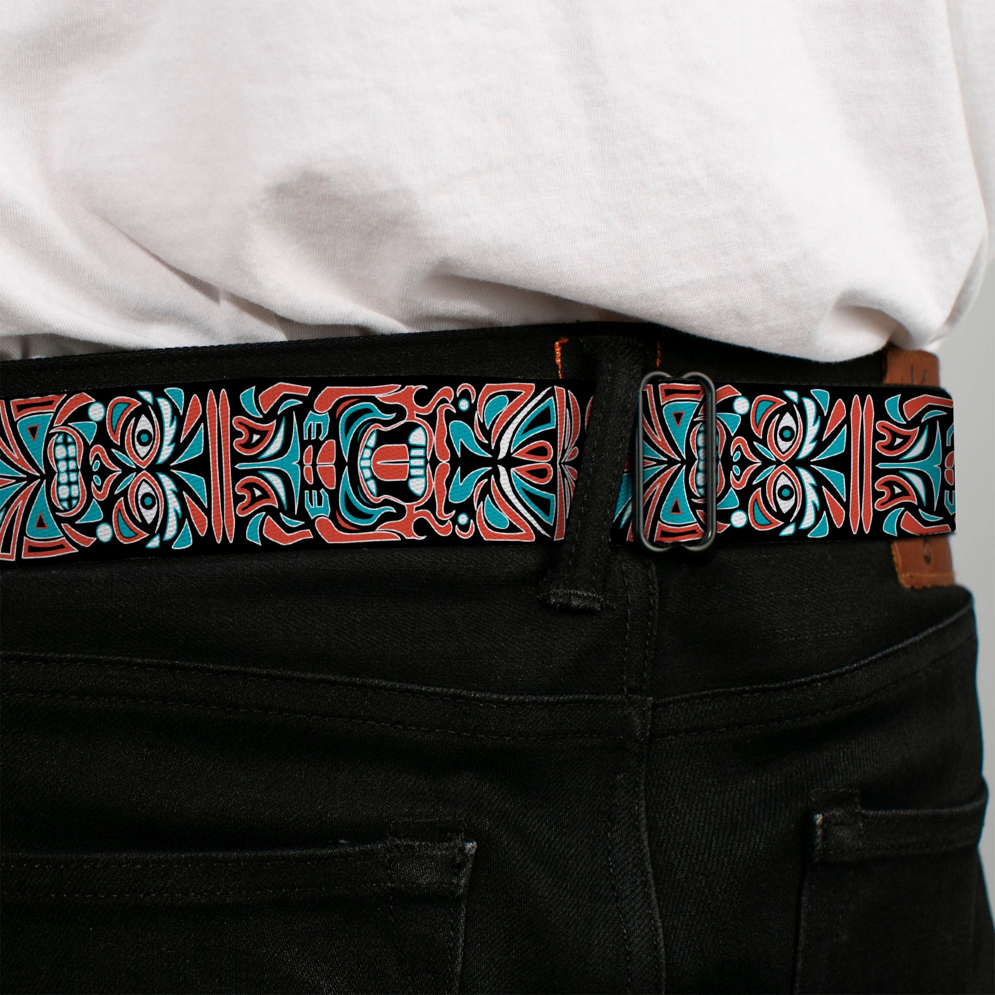BD Wings Logo CLOSE-UP Full Color Black Silver Seatbelt Belt - Totem Carvings Black/White/Orange/Turquoise Webbing Seatbelt Belts Buckle-Down