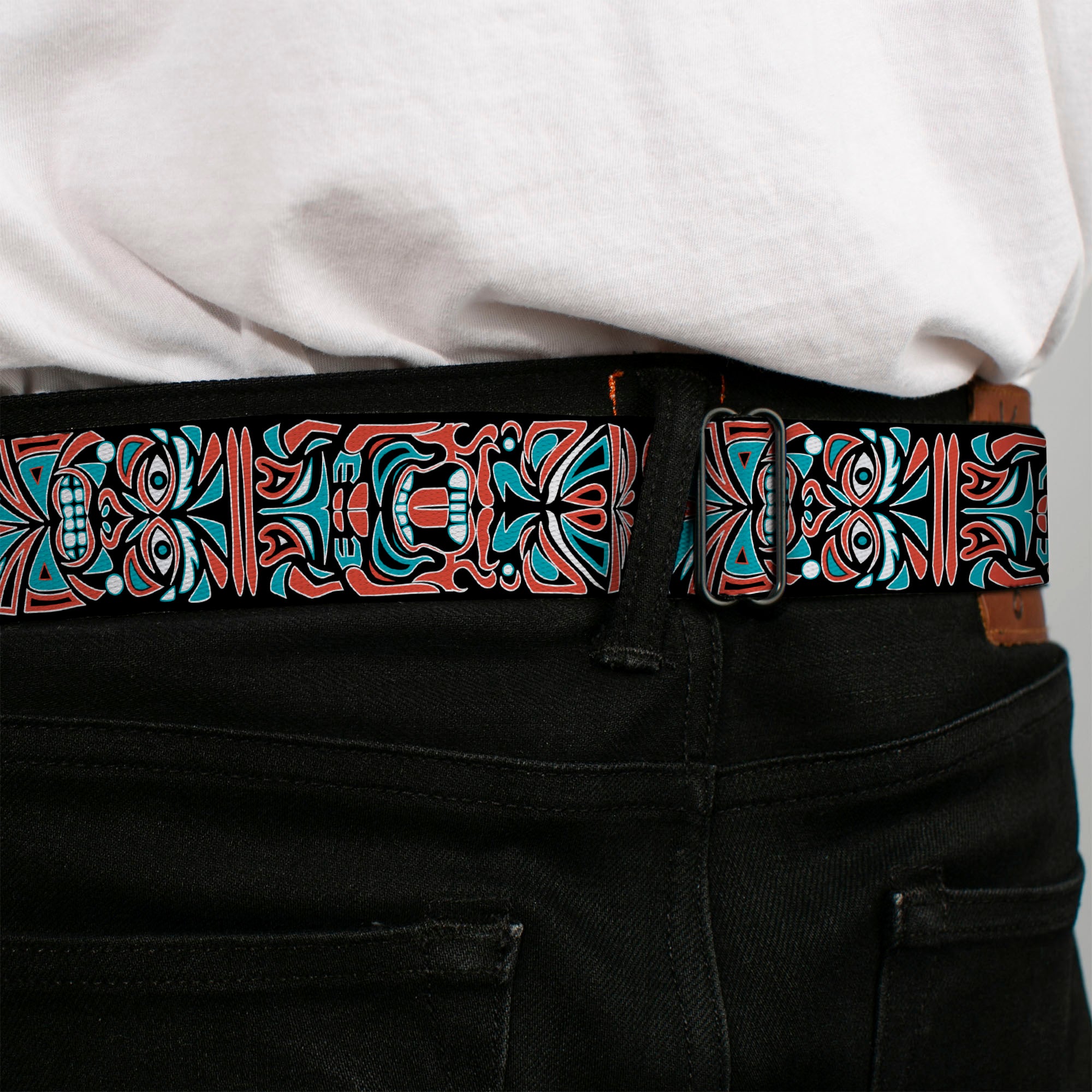 BD Wings Logo CLOSE-UP Full Color Black Silver Seatbelt Belt - Totem Carvings Black/White/Orange/Turquoise Webbing Seatbelt Belts Buckle-Down
