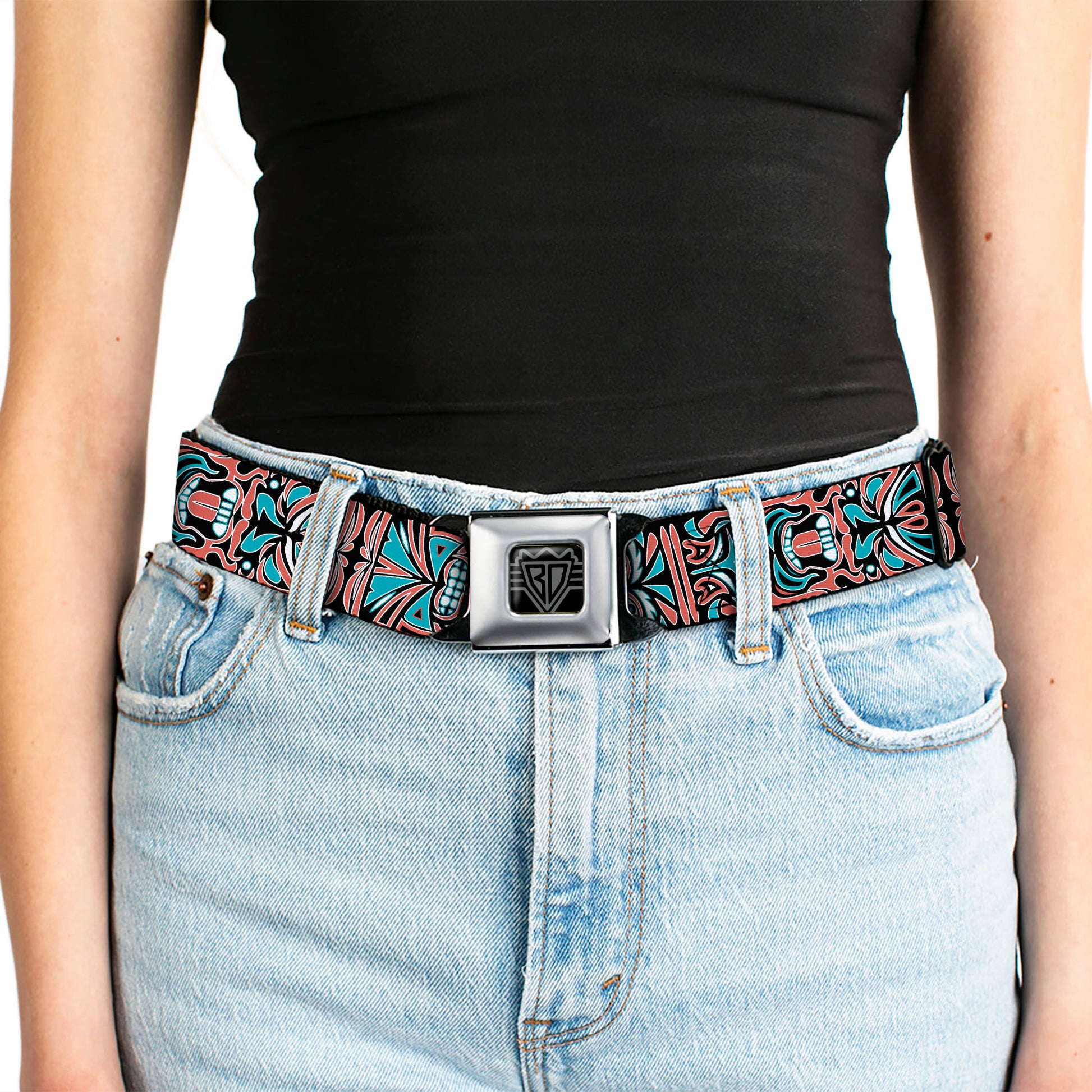 BD Wings Logo CLOSE-UP Full Color Black Silver Seatbelt Belt - Totem Carvings Black/White/Orange/Turquoise Webbing Seatbelt Belts Buckle-Down