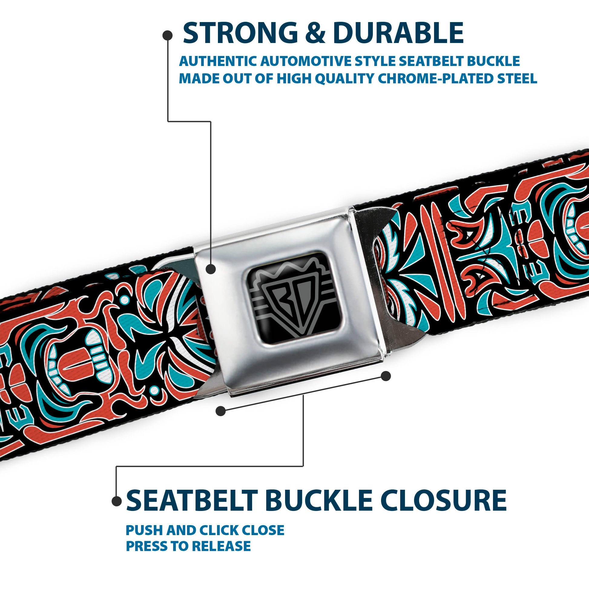 BD Wings Logo CLOSE-UP Full Color Black Silver Seatbelt Belt - Totem Carvings Black/White/Orange/Turquoise Webbing Seatbelt Belts Buckle-Down
