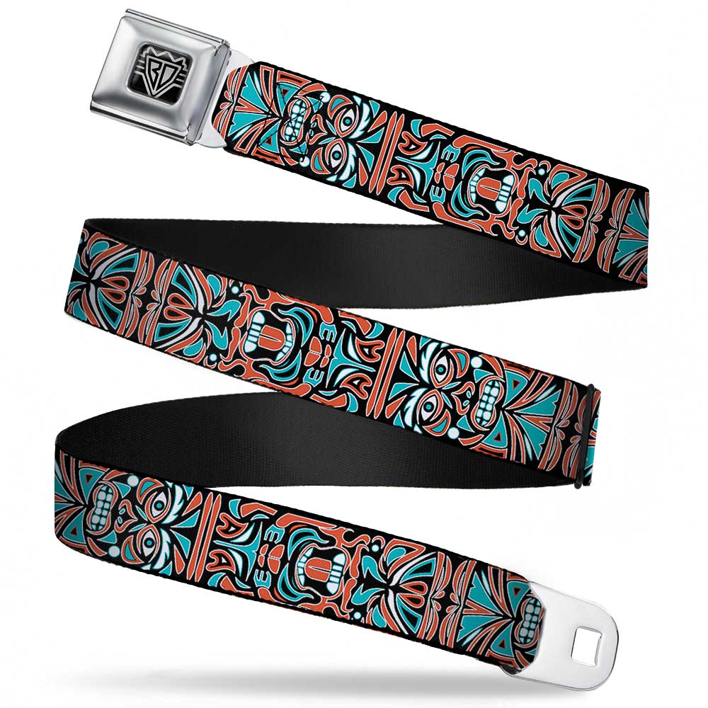 BD Wings Logo CLOSE-UP Full Color Black Silver Seatbelt Belt - Totem Carvings Black/White/Orange/Turquoise Webbing Seatbelt Belts Buckle-Down