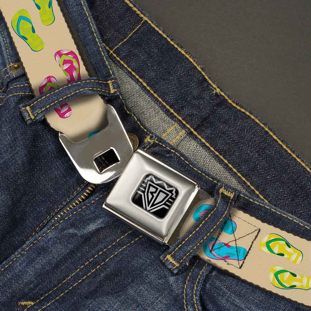BD Wings Logo CLOSE-UP Full Color Black Silver Seatbelt Belt - Tropical Flip Flops Tan/Multi Color Webbing Seatbelt Belts Buckle-Down
