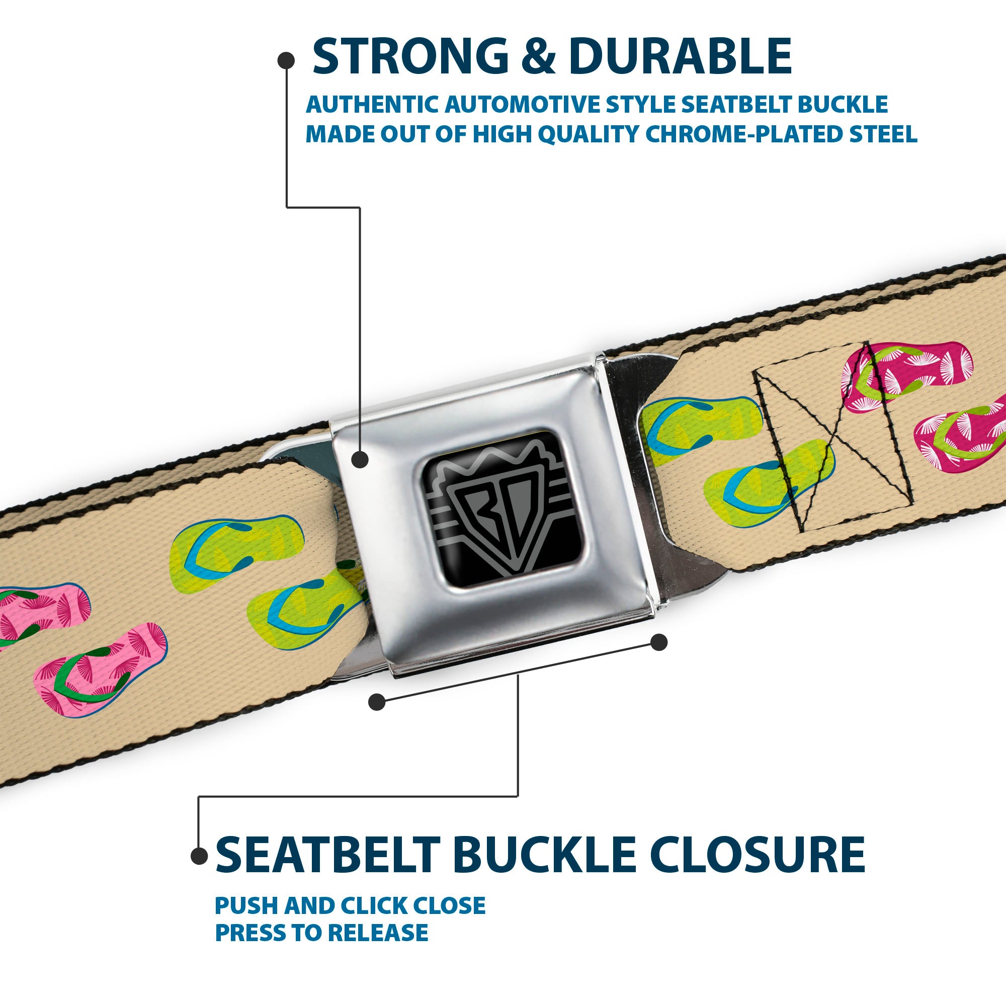 BD Wings Logo CLOSE-UP Full Color Black Silver Seatbelt Belt - Tropical Flip Flops Tan/Multi Color Webbing Seatbelt Belts Buckle-Down
