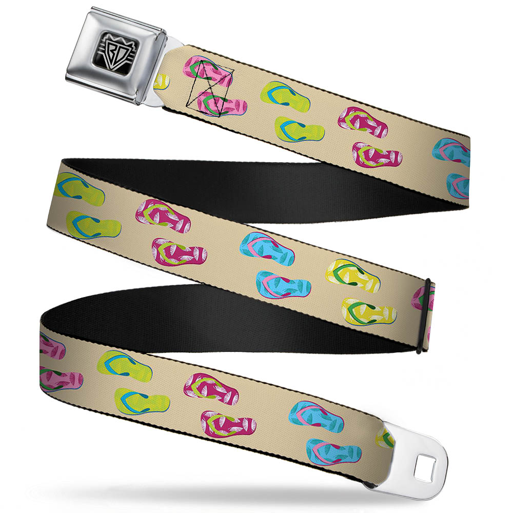 BD Wings Logo CLOSE-UP Full Color Black Silver Seatbelt Belt - Tropical Flip Flops Tan/Multi Color Webbing Seatbelt Belts Buckle-Down