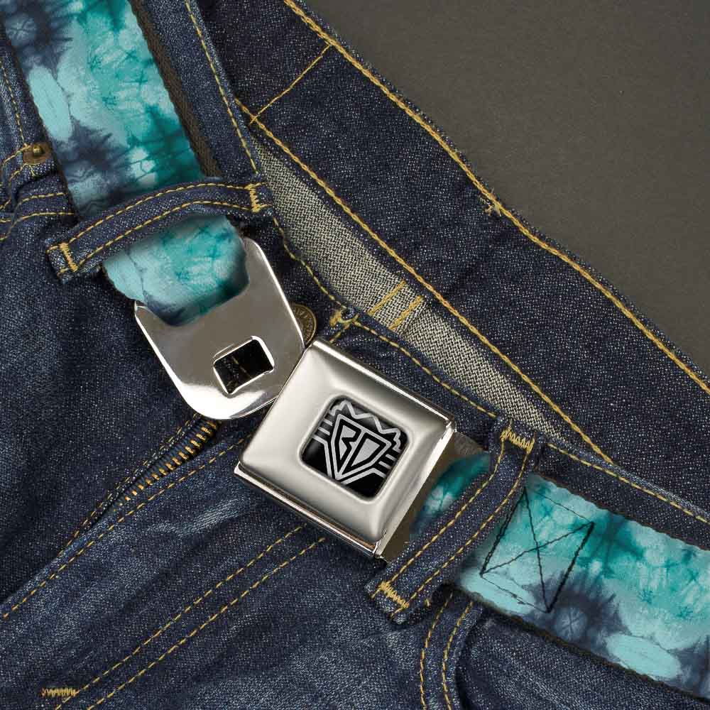 BD Wings Logo CLOSE-UP Full Color Black Silver Seatbelt Belt - Tie Dye Reflection Turquoise Blues Webbing Seatbelt Belts Buckle-Down